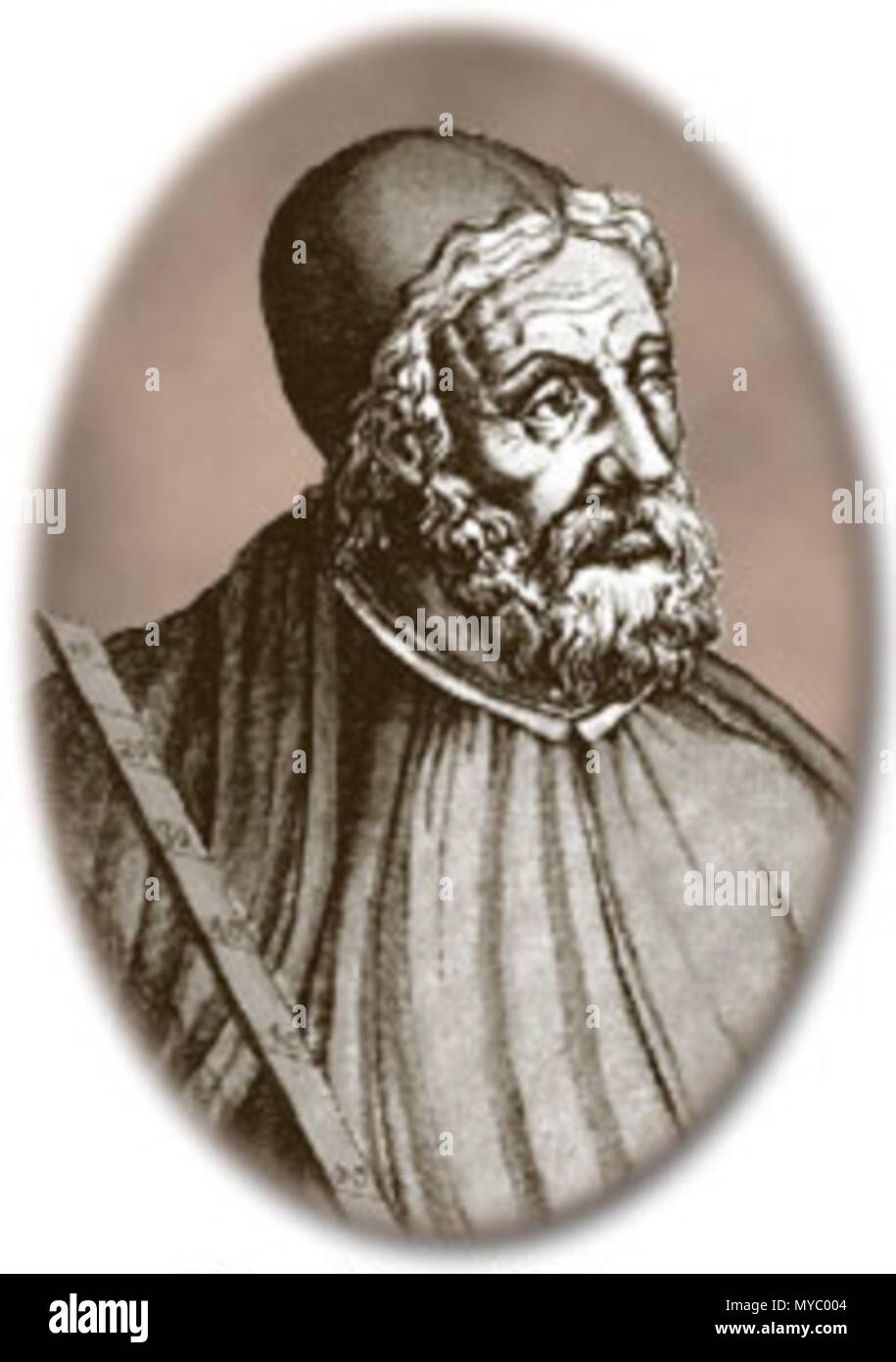 . Inglese: un primo periodo moderno incisione raffigurante il 2 ° secolo filosofo Claudius Ptolemaeus, anachronistically cuscinetto illustrato un cross-personale. Fonte: Les vrais ritratti et vies des hommes illustres, Parigi, 1584, f° 87 . Il XVI secolo. Sconosciuto 114 Claudio ptolemaius Foto Stock