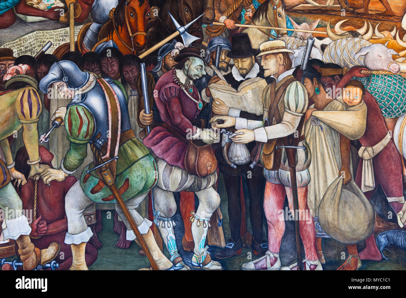 Città del Messico/Messico - 13 gennaio 2018: murales, la storia del Messico, Palazzo Nazionale Foto Stock