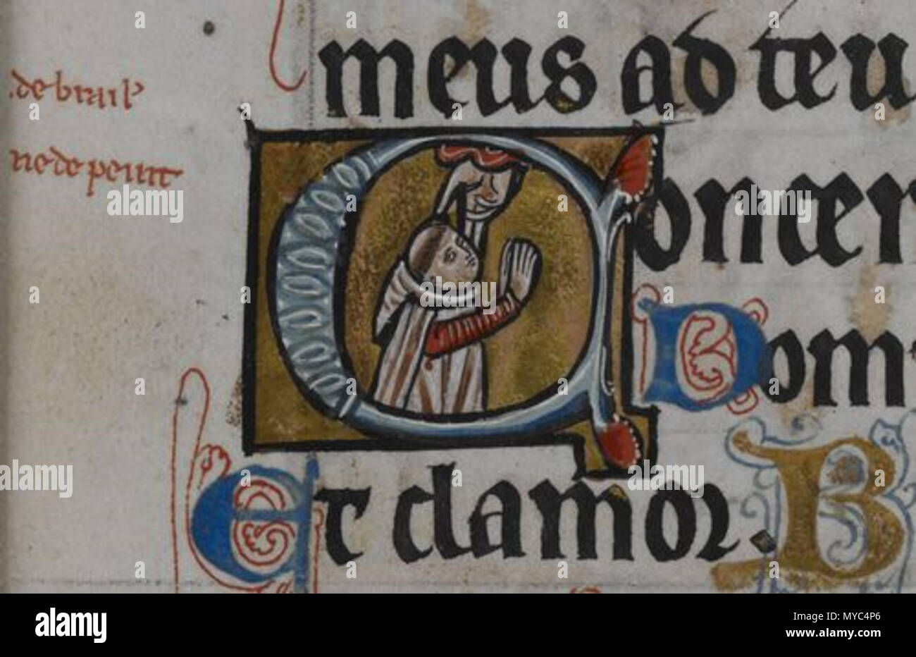 . Historiated iniziale con un autoritratto di William de Brailes. Dettaglio dal de Brailes ore (Aggiungi MS 49999), f.43r. Tenuto e digitalizzati dal British Library 133 De Brailes ore f. 43r. Foto Stock