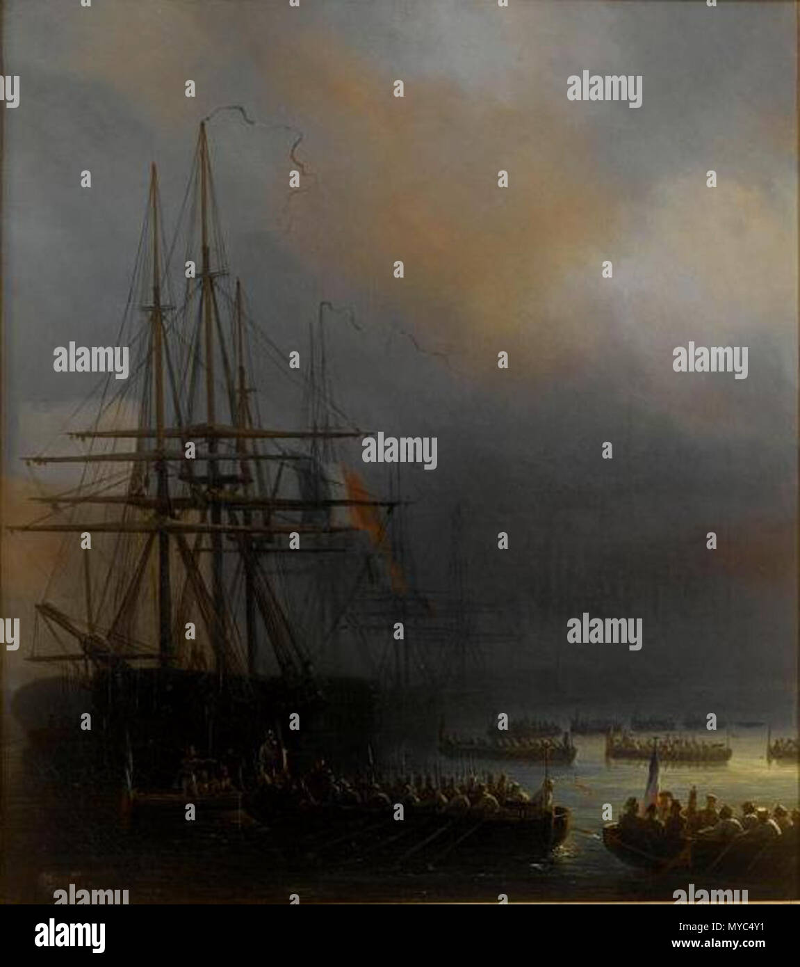 . Inglese: Battaglia di Vera-Cruz (Messico) vice ammiraglio Baudin spedizione: truppe sbarco lasciare le navi e torna a terra (notte di dicembre 5, 1838). Il principe di Joinville conduce lo sbarco di truppe francesi che stanno andando a cogliere la città. Français : Les troupes de débarquement quittent les navires et se dirigent vers la terre (Nuit du 5 décembre 1838). Le Prince de Joinville dirige le débarquement des troupes françaises qui vont s'emparer de la Cité. 1843. Blanchard Henry Pierre Léon Pharamond (1805-1873) 135 Debarquement des Francais una Vera Cruz 1838 Foto Stock