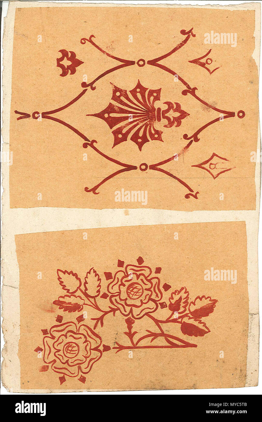 . Nederlands: Diverse motieven, bladeren en bloemen, in rood. Het ontwerp bestaat uit twee tekeningen. Het è identiek met twee tekeningen in BR 0437 x. Papier. 35 × 17 cm (13,7 × 6,6 in). Roermond, Cuypershuis. Tra il 1850 e il 1900. Anonimo 138 Design per motivi floreali Cuypershuis BR 0437 aa Foto Stock