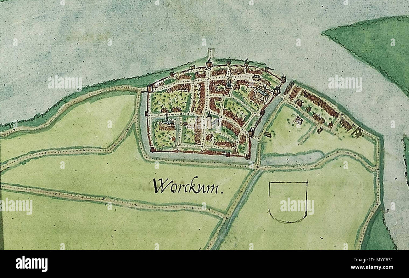 . Inglese: mappa dettagliata della città Woudrichem da mappe della città di Gorinchem e Woudrichem. Realizzato da Jacob van Deventer 1545 Nederlands: Uitsnede van Woudrichem nel 1545 porta Jacob van Deventer . 29 ottobre 2013, 11:19:17. Jan van Deventer 138 mappa dettagliata Woudrichem 1545 (Van Deventer) Foto Stock