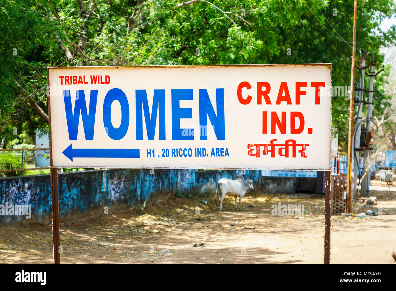 Cartello stradale pubblicità Tribal Wild donne Craft, artigianato locale, Sawai Madhopur città vicino al Parco nazionale di Ranthambore, Rajasthan, India del nord Foto Stock