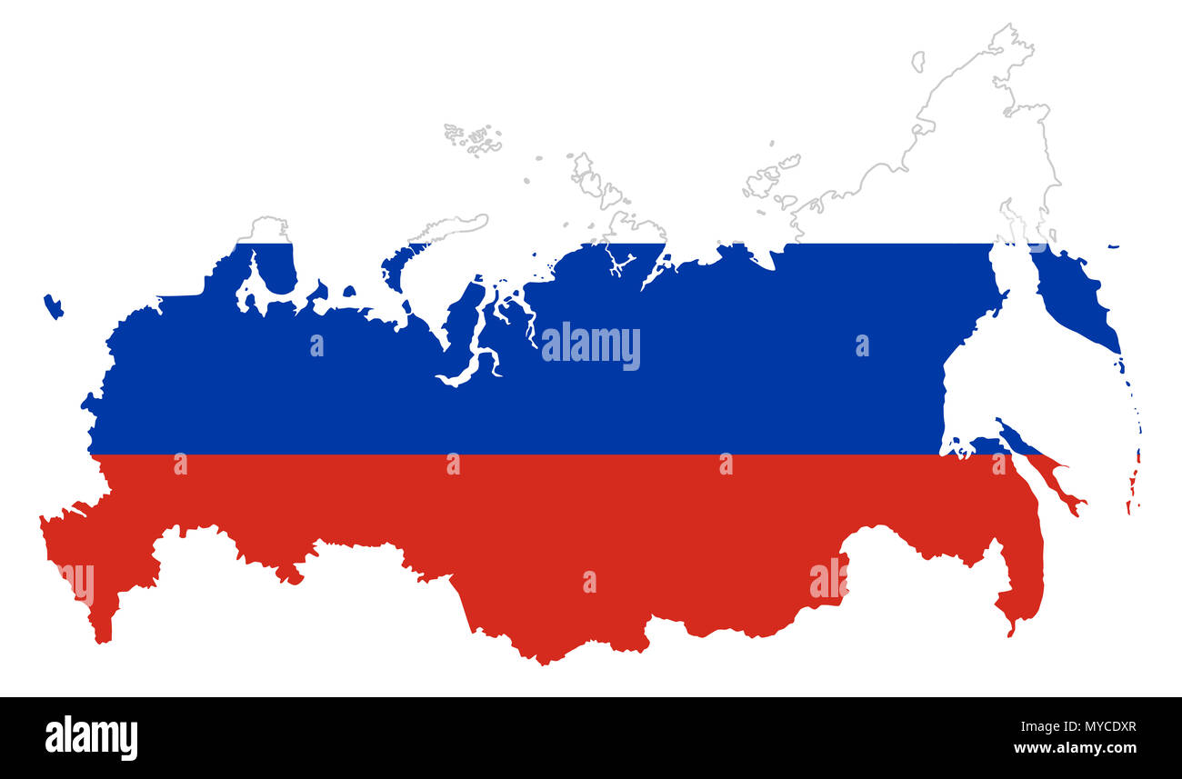 Bandiera della Russia nel paese silhouette. Bandiera Tricolore di tre campi orizzontali in bianco, di colore blu e rosso. Profilo della Federazione russa mappa. Foto Stock