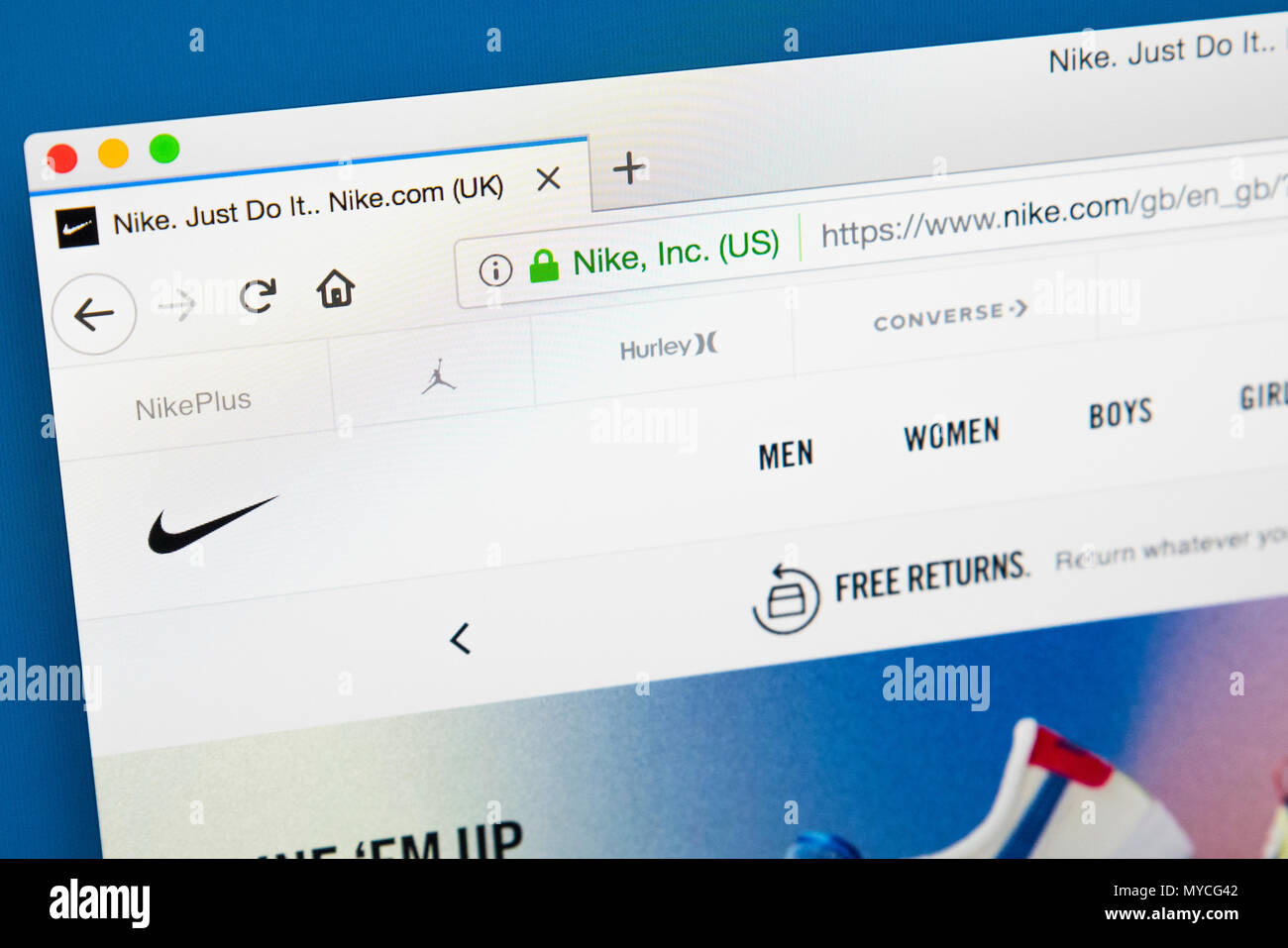 LONDON, Regno Unito - 23 Maggio 2018: la homepage del sito ufficiale di Nike Inc - i mondi più grande fornitore di scarpe da ginnastica e abbigliamento, il 23 maggio Foto Stock