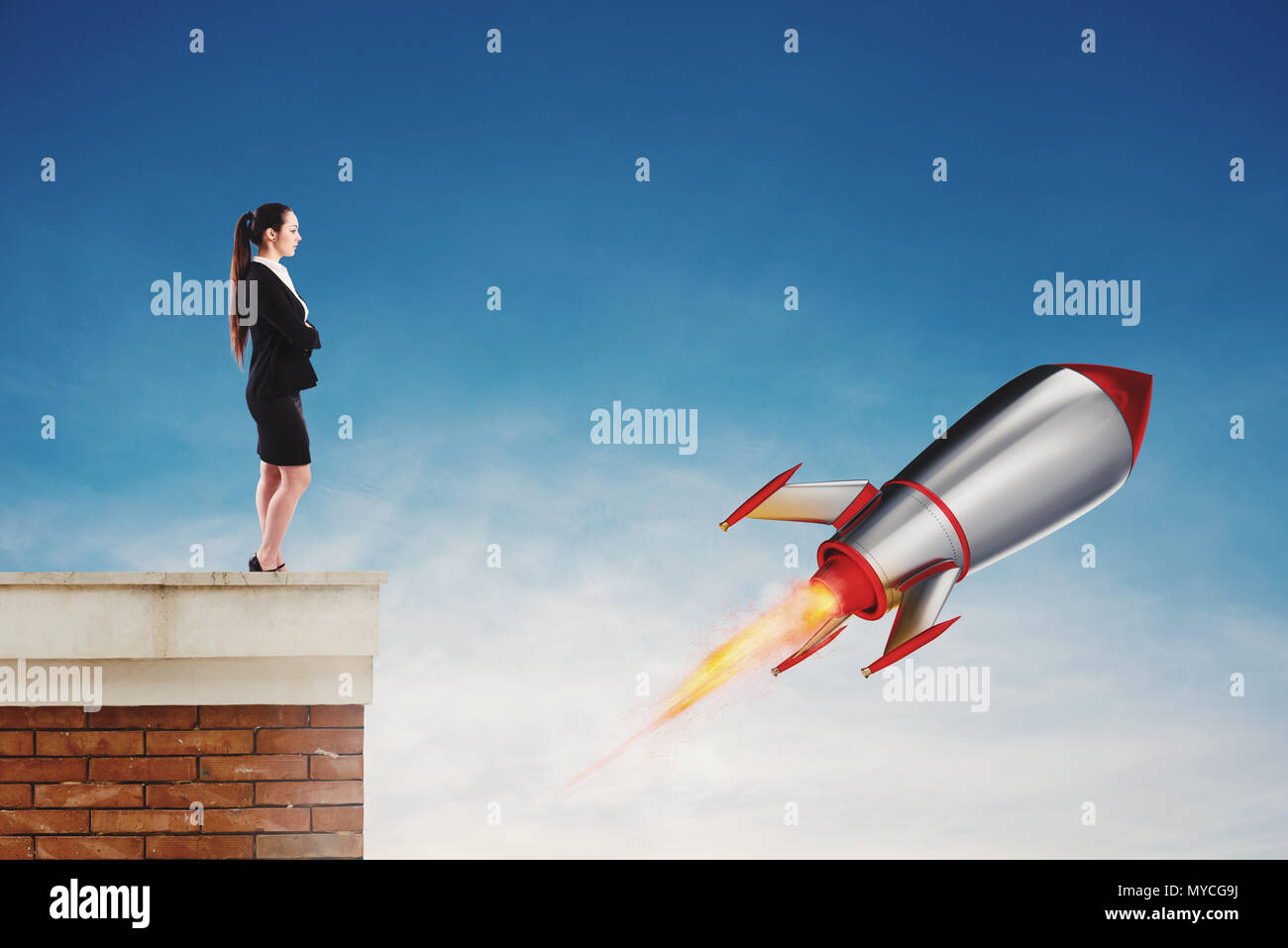 Fast rocket pronto a volare veloce. Avvio di un nuovo concetto di azienda Foto Stock