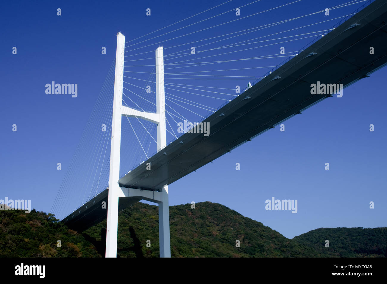 Ponte di sospensione con sfondo di montagna Foto Stock