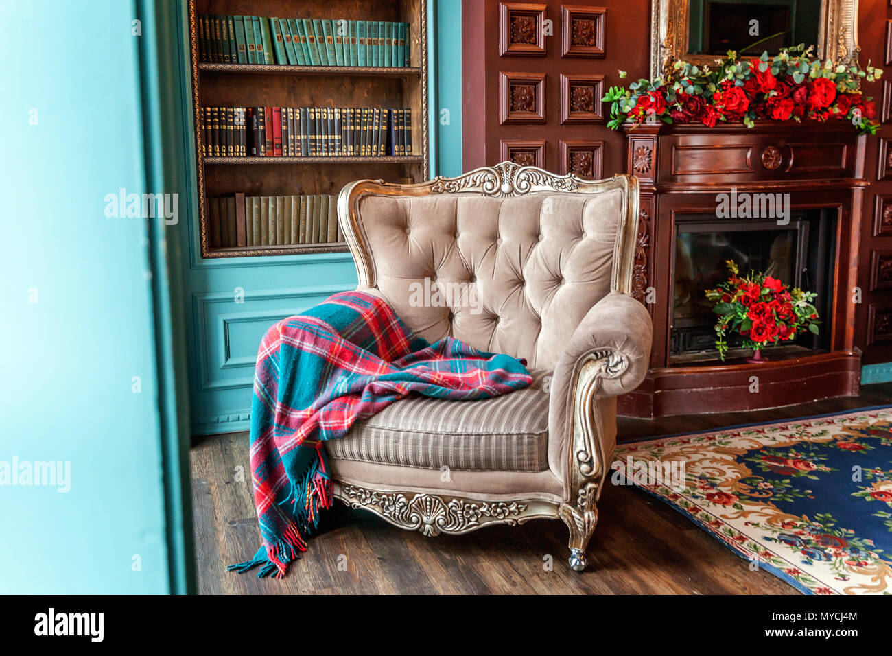 Luxury classic interno della libreria di casa. Salotto con libreria, libri,  poltrona, divano letto e camino. Pulire e decorazione moderna con eleganti  f Foto stock - Alamy