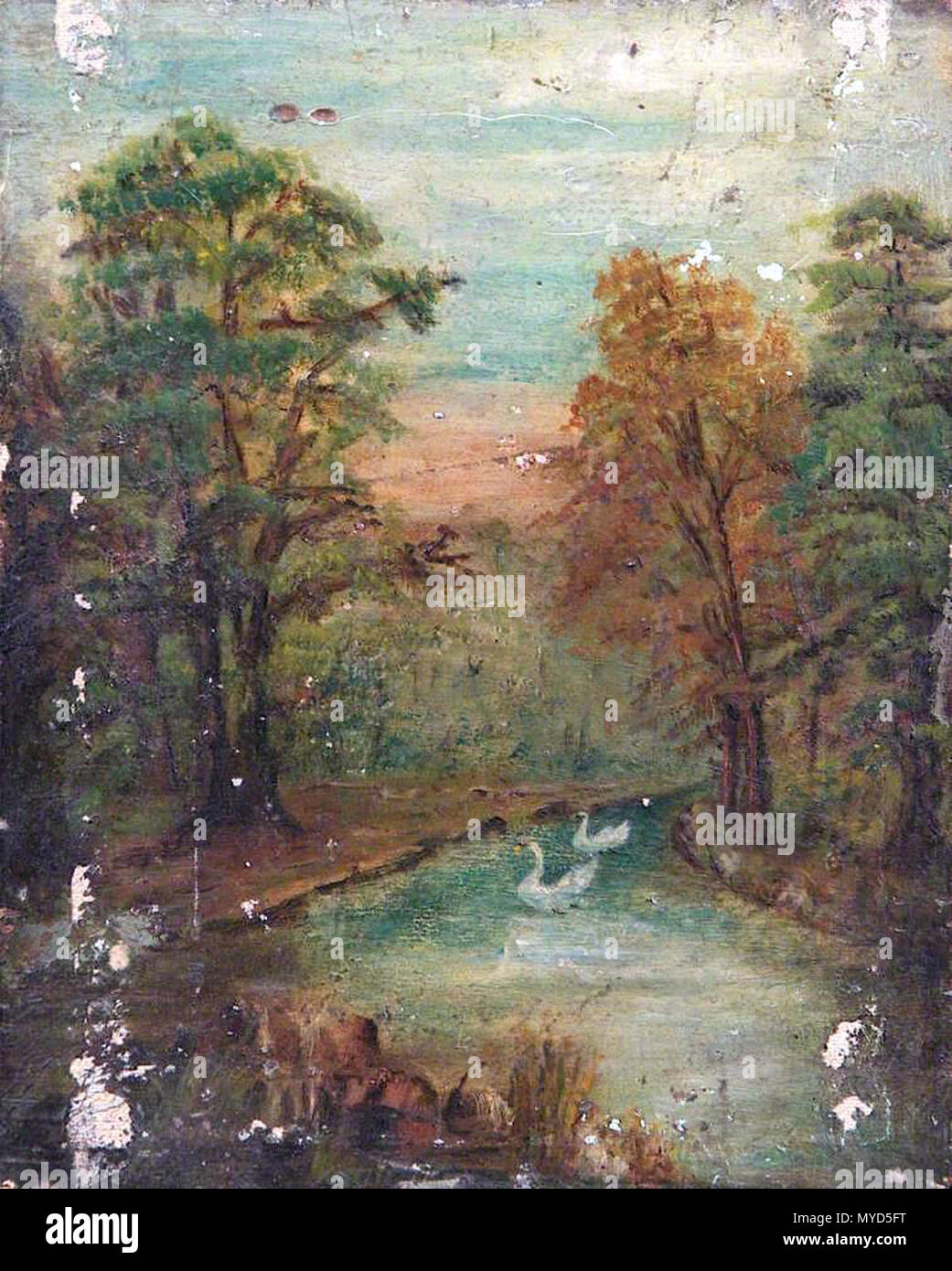 . Inglese: alberi, un lago e cigni Wandsworth Museum (Regno Unito - Londra) date:data sconosciuta Dimensioni: Altezza: 27,5 cm (10,83 in.), Larghezza: 23 cm (9.06 in.) Medio: Pittura - Olio su tela . prima di 1929 535 alberi, un lago e cigni Foto Stock