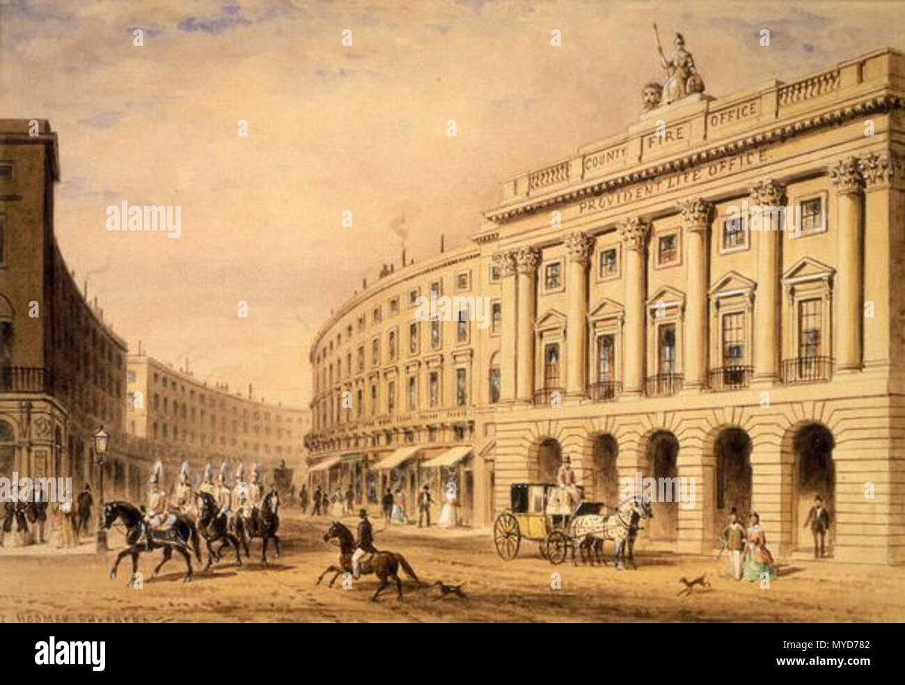 . La contea fuoco Office di Londra . Il fuoco edificio per uffici che incorpora la vita di previdenza Ufficio, in corrispondenza della estremità inferiore di Regent Street come si vede da Piccadilly Circus. Prima metà del XIX secolo 125 County Fire Office, Londra, prima metà del XIX secolo. Il fuoco edificio per uffici che incorpora la vita di previdenza Ufficio, Regent Street MoL Foto Stock