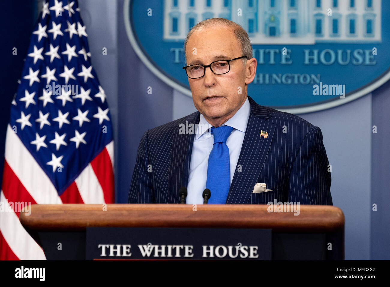 Briefing con la stampa sul G7 con Larry Kudlow, Direttore della nazionale degli Stati Uniti Consiglio economico, nella Casa Bianca Press Briefing Room alla Casa Bianca a Washington. Foto Stock