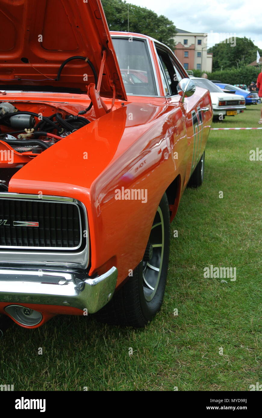 Il Generale Lee duchi di Hazzard 1969 Dodge Charger ventilatore integrato  replica sul display in English Riviera Classic Car Show, Paignton, Devon,  Inghilterra Foto stock - Alamy