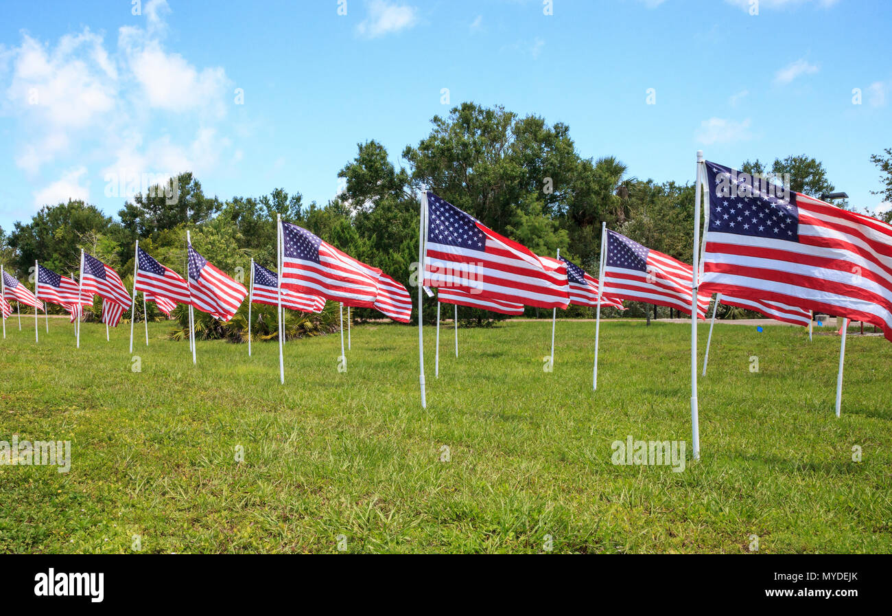 Display patriottica di più grandi bandierine americane in onda il vento durante la vacanza. Foto Stock