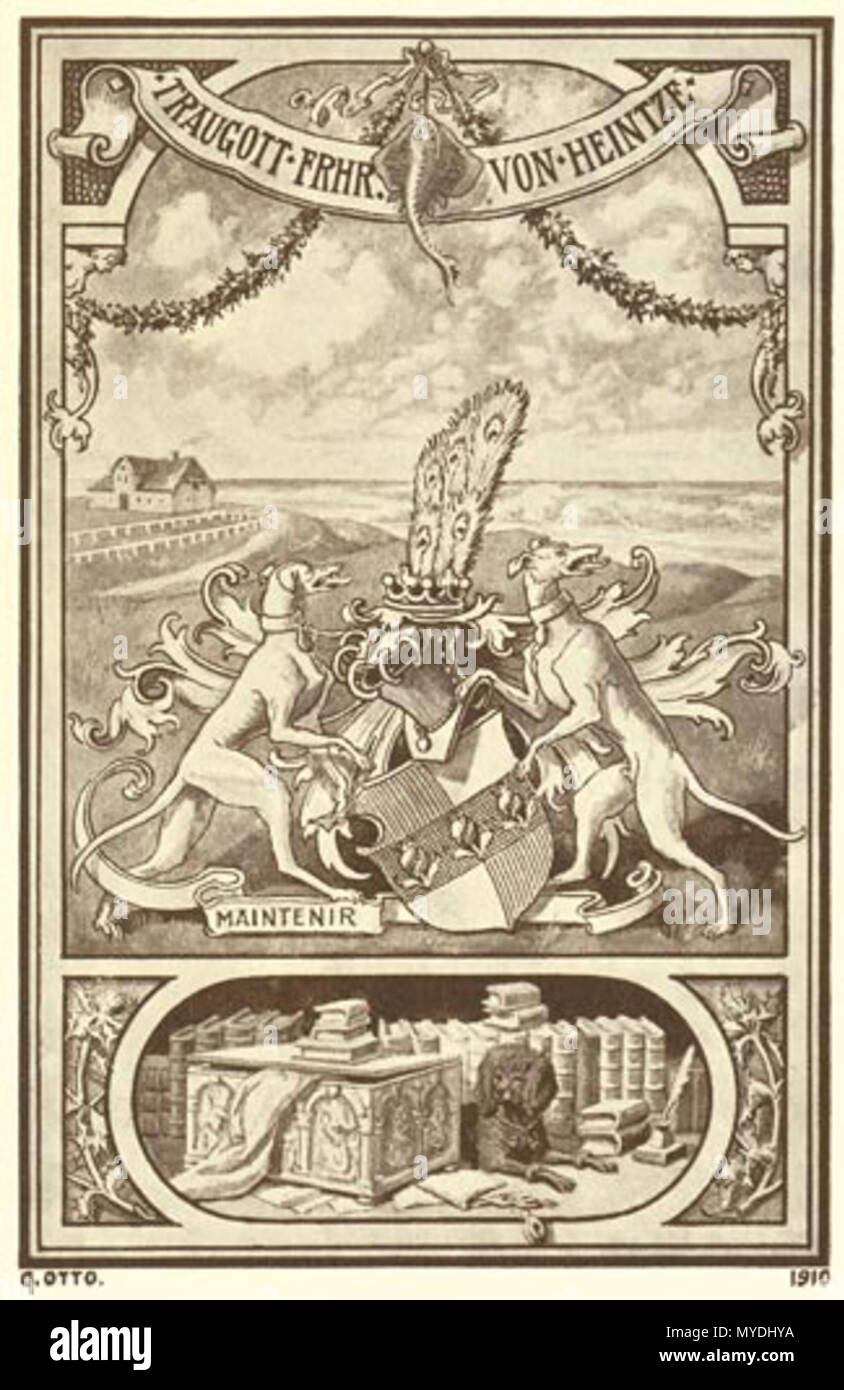 . Deutsch: Georg Otto: Wappen-Exlibris für w:DE:Traugott von Heintze . 1910. Georg Otto (1868-1939) 173 Exlibris-heintze t Foto Stock