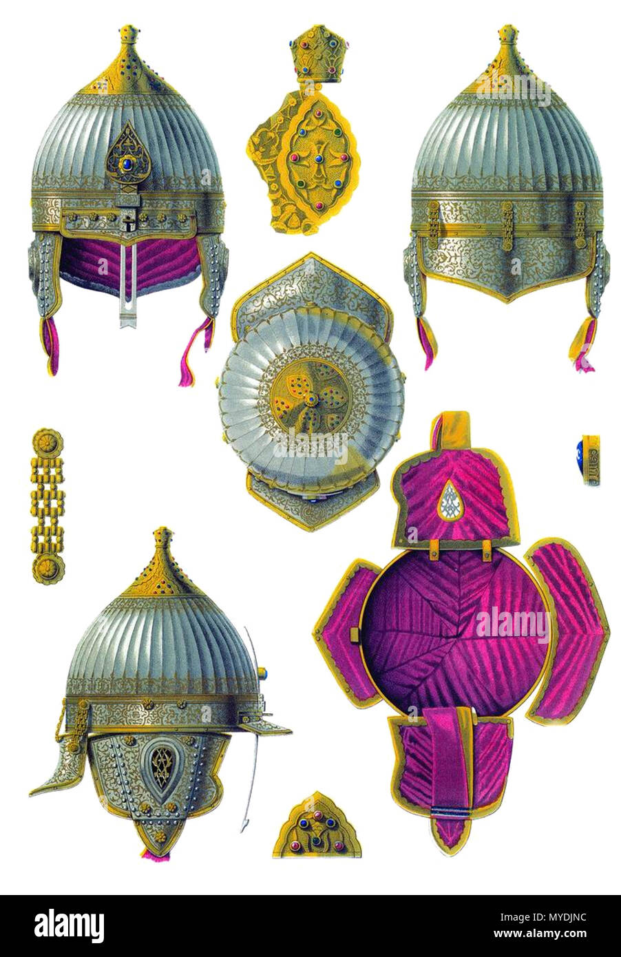 . Inglese: Шлем царя Алексея Михайловича При описании шапки вывоза боярина Афанасия Прончищева (рис. № 10, 11) мы объяснили причину ошибочной подписи, сделанной на рисунках ерихонских шапок Алексея Михайловича Львова, Прончищева и Мстиславского. Шлем, изображенный на рисунках № 16 и 17, подписанный: "царя Алексея Михайловича", принадлежал, как оказалось теперь, по рассмотрении старинных описей 1687-го и 1701 г., боярину князю Федору Ивановичу Мстиславскому. В описной книге государевой Оружейной казны 1687 г. Он означен в числе ерихонских шапок третьим: "Шапка Ерихонская булат красной, наведена Foto Stock