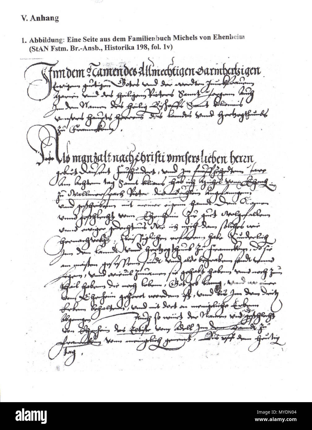 . Anfang der Familienchronik des Michael von Ehenheim, Staatsarchiv Nürnberg, Fürstentum Brandenburg-Ansbach, Historika Nr. 198, Blatt 1v . wohl 2. Drittel 16. Jh.. Michel von Ehenheim 156 Ehenheim familienbuch Foto Stock