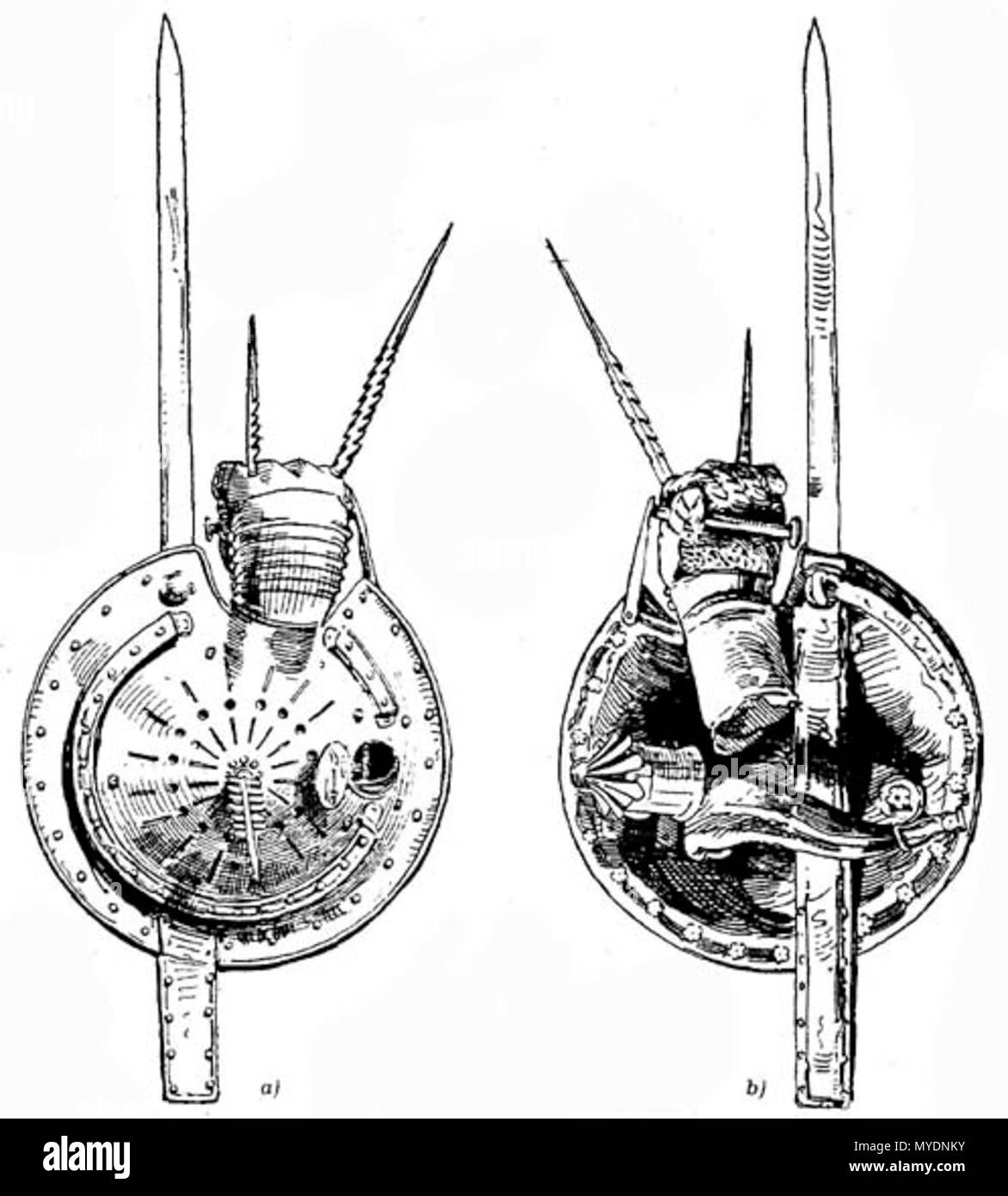 . Inglese: Tipo di scudo, illustrazione di un libro "Handbuch der Waffenkunde. Das Waffenwesen in circuizione historischen Entwicklung vom Beginn des Mittelalters bis zum Ende des 18. Jahrhunderts' da Wendelin Boeheim, Lipsia, 1890 . 1890. Sconosciuto 314 Laternenschild 01 Foto Stock