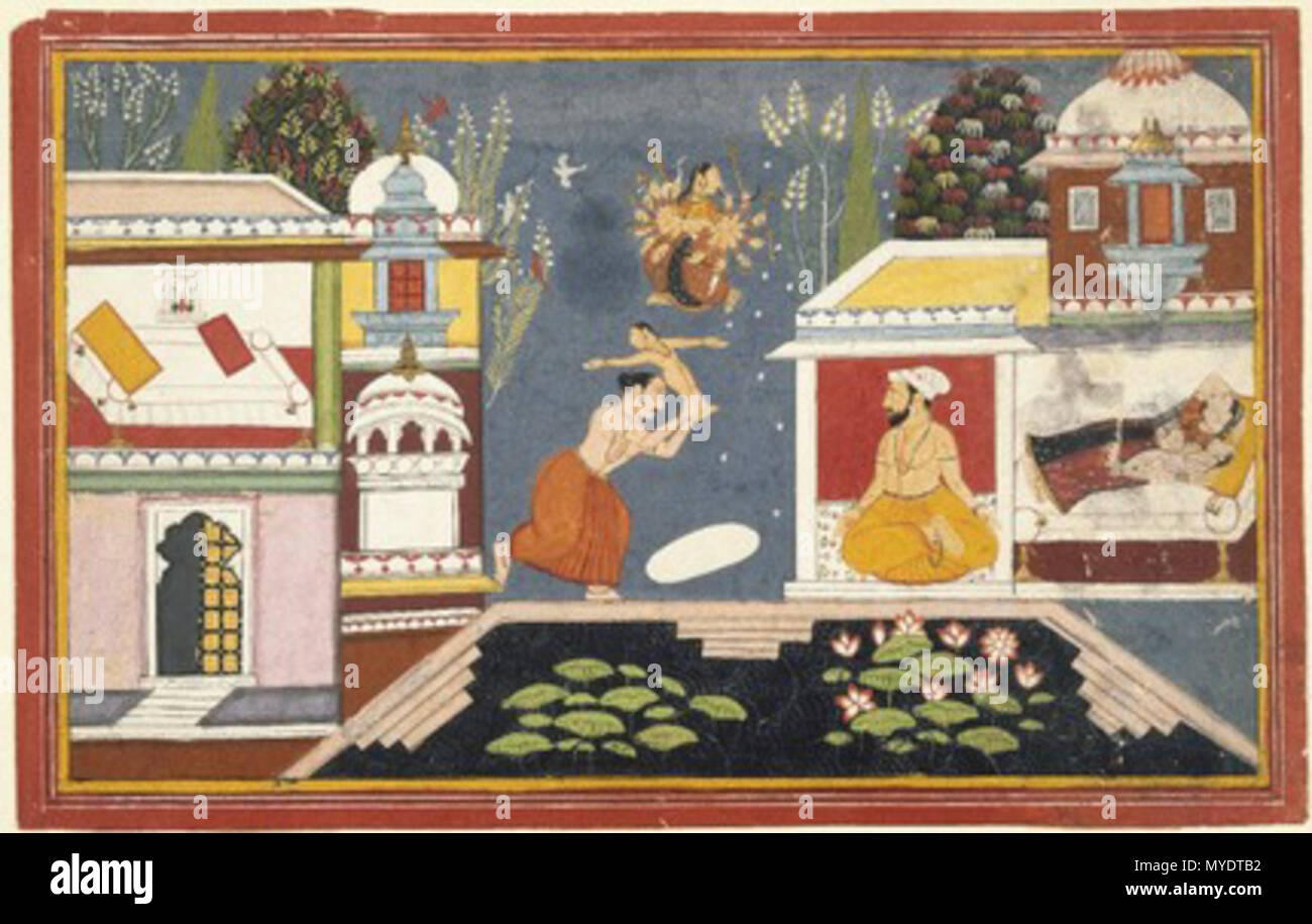 . Gli episodi che circonda la nascita di Krishna pagina da un manoscritto illustrato del Bhagavata Purana . Questo dipinto illustra la Bhagavata Purana, un antico testo dedicato al dio indù Krishna, che ha vissuto sulla terra come un principe. Prima di Krishna la nascita, il suo male zio Kamsa ha ricevuto un auspicio che egli sarebbe stato ucciso da un nipote, e aveva tutte le sua sorella i bambini uccisi. Per evitare di avere il loro nuovo bambino incontra lo stesso destino, Krishna i genitori lo mandarono via e presentato Kamsa con esca un bambino che era in realtà una dea sotto mentite spoglie. Questo dipinto mostra Krishna della madre a dormire con le dec Foto Stock