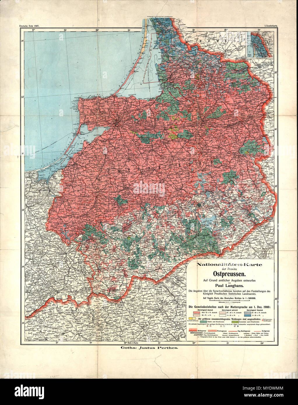 . Deutsch: Nationalitäten-Karte der Provinz Ostpreussen / auf Grund amtlicher Angaben entworfen von Paolo Langhans. Die Angaben über die Sprachverhältnisse beruhen auf den Feststellungen des Königlich Preußischen Statistischen Landesamtes. Die Gemeindeeinheiten nach der Muttersprache am 1. Dez. 1900 Inglese: Nazionalità mappa della provincia della Prussia orientale / sulla base di dati ufficiali effettuate da Paolo Langhans. I dati sulle lingue sono basate sulle relazioni della Royal statistico prussiano ufficio statale. Il comune di unità secondo la loro lingua madre il 1 dicembre 1900. 1907. Paolo Lang Foto Stock