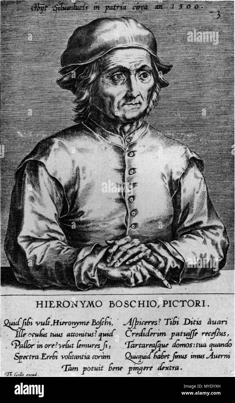 . Ritratto di Hieronymus Bosch. Ritratto di Hieronymus Bosch. Stato terzo. Utilizzato in Lampsonius (1600) Aliquota Pictorium celebrium Germaniae inferioris effigi, Antwerpen: Th. Galle, ill. 3. circa 1600 179 File-Hieronymo Boschio pictori (completa) Foto Stock