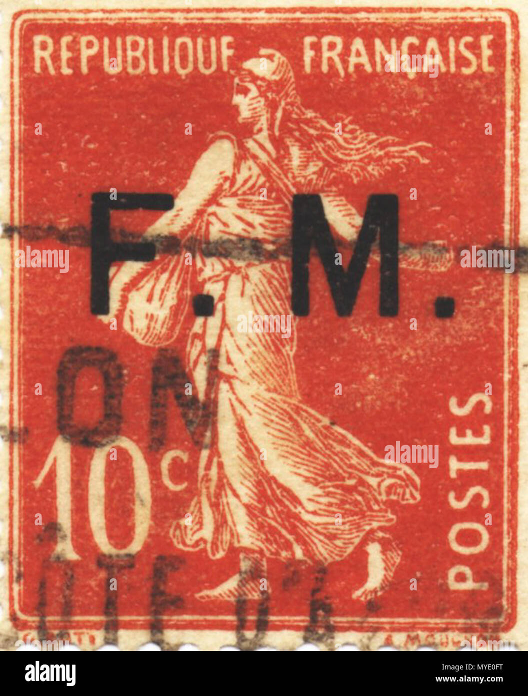 . Français : Tipo Semeuse surchargé camée FM (franchising militaire). 1 settembre 1907. Oscar Roty (1846-1911) 182 FM camee Semeuse Foto Stock