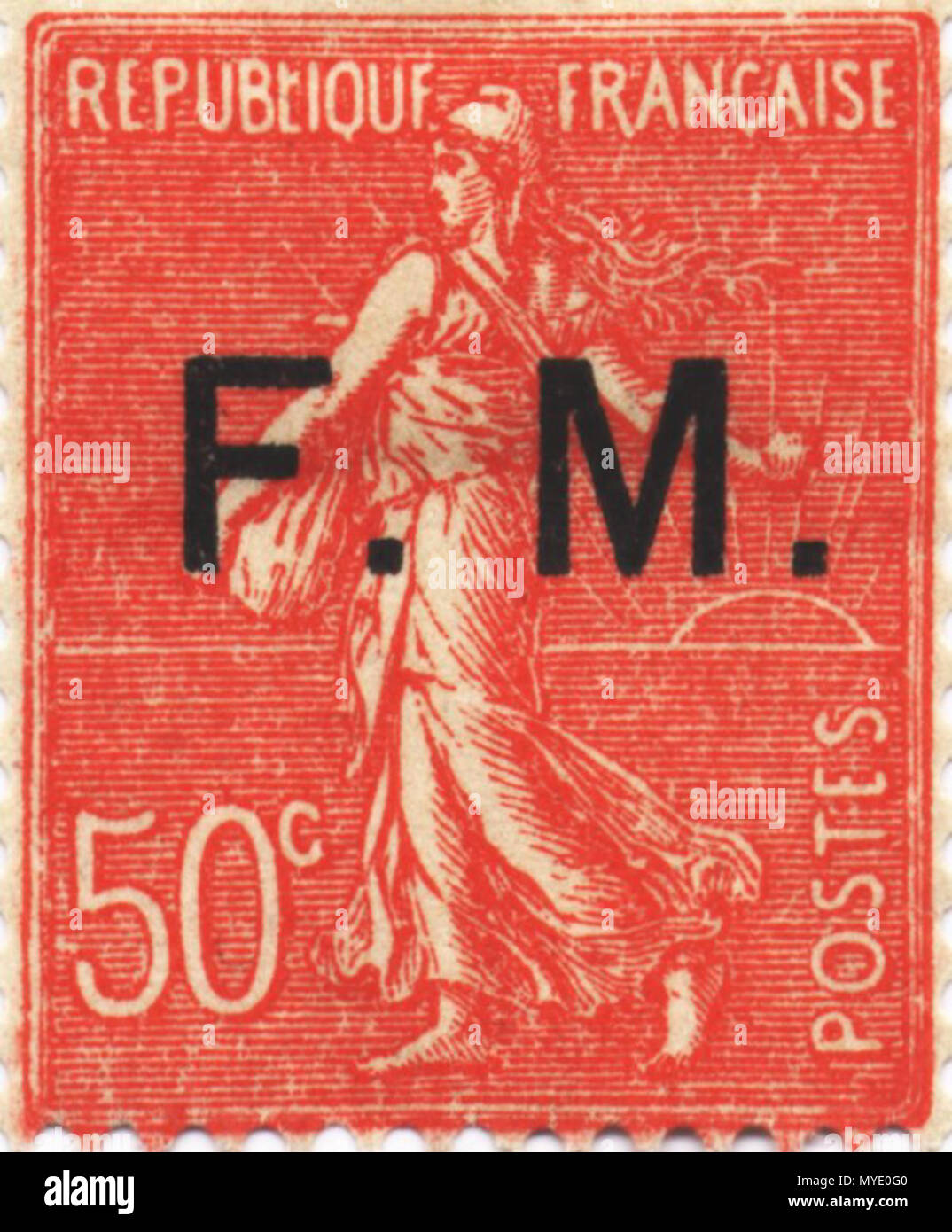 . Français : Tipo Semeuse surchargé lignée FM (franchising militaire) . Maggio 1929. Oscar Roty (1846-1911) 182 FM Semeuse lignee Foto Stock