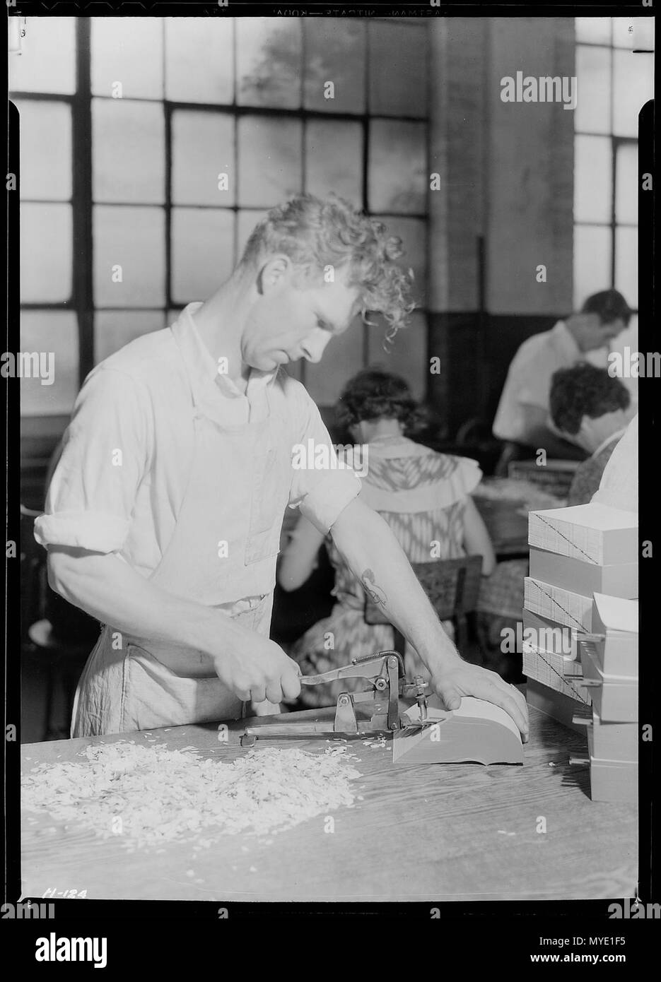 Gaines McGlothin, R. F. D. 5E2, Kingsport, Tennessee. McGlothin è qui illustrato il taglio di schede indice nel processo di ... - Foto Stock