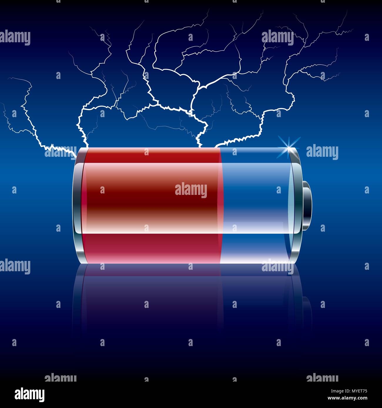 Vettore tracciato compare il simbolo della batteria e il fulmine.lo sfondo è blu. Illustrazione Vettoriale