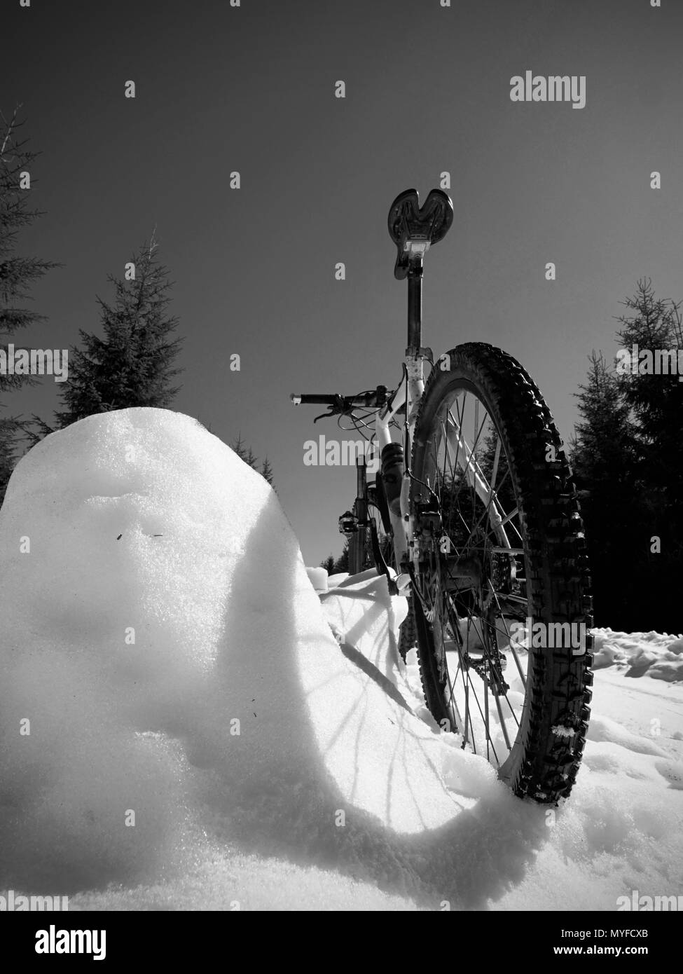 Chiudi visualizzazione ampia per mountain bike rimane nella neve. In inverno le montagne innevate con strada tra alberi. Foto Stock