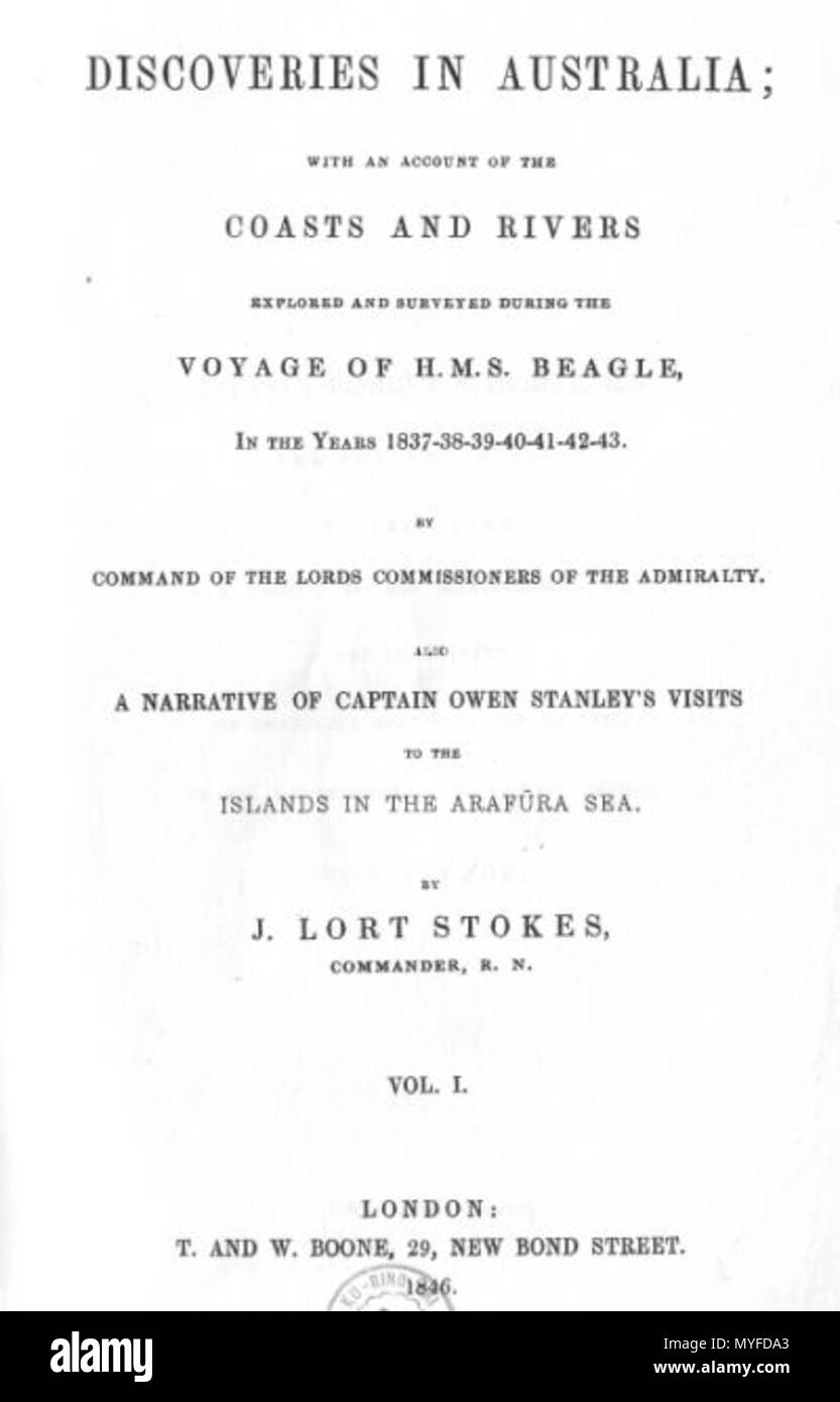 . Questa è un immagine della pagina del titolo del Volume 1 di John Lort Stokes 1846 prenota scoperte in Australia. 1846. John Lort Stokes e il suo typesetter 199 frontespizio (scoperte in Australia) Foto Stock