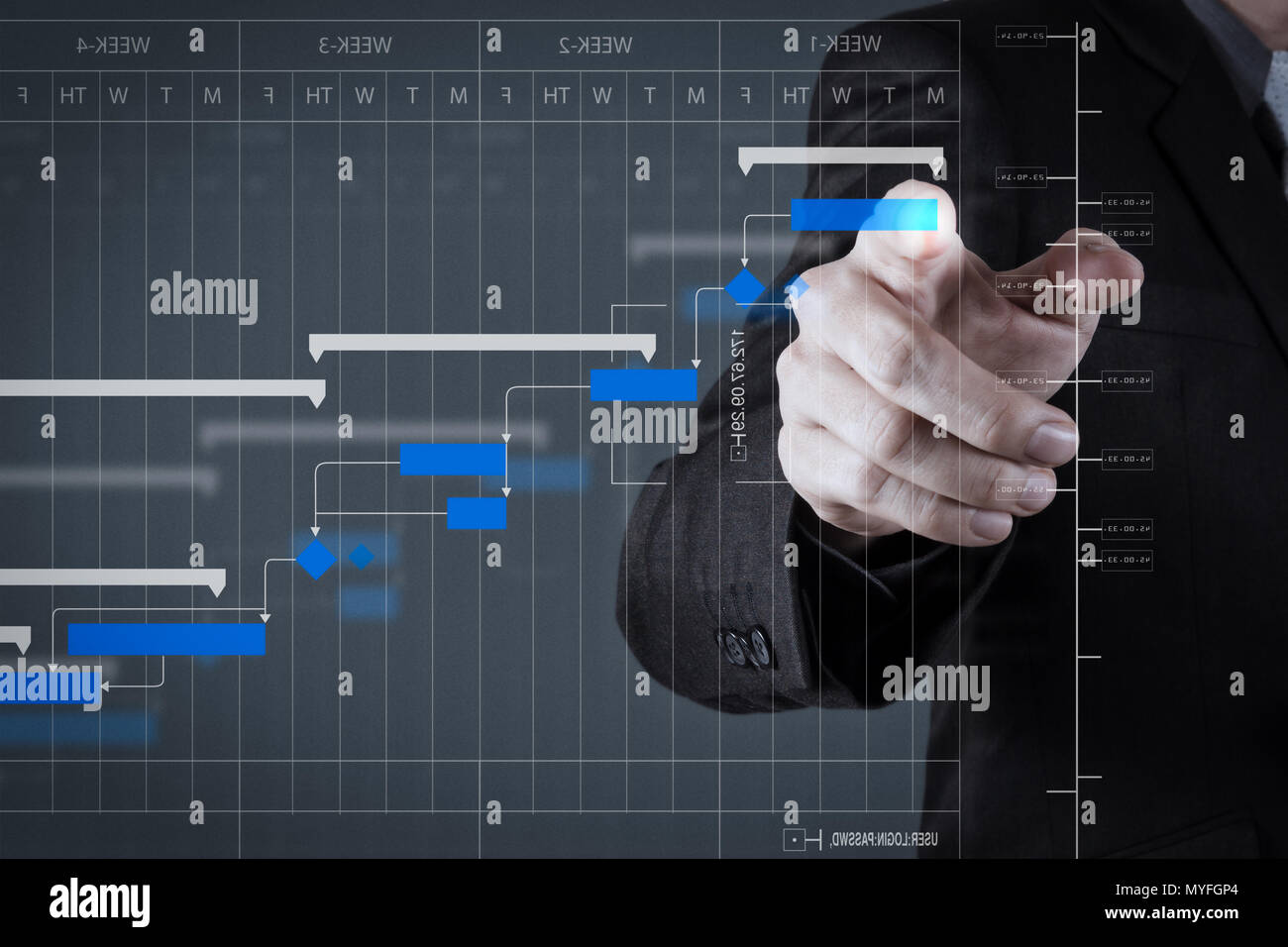 Responsabile di progetto di lavoro e le attività di aggiornamento con le tappe del progresso e della pianificazione di Gantt diagramma di pianificazione. Foto Stock