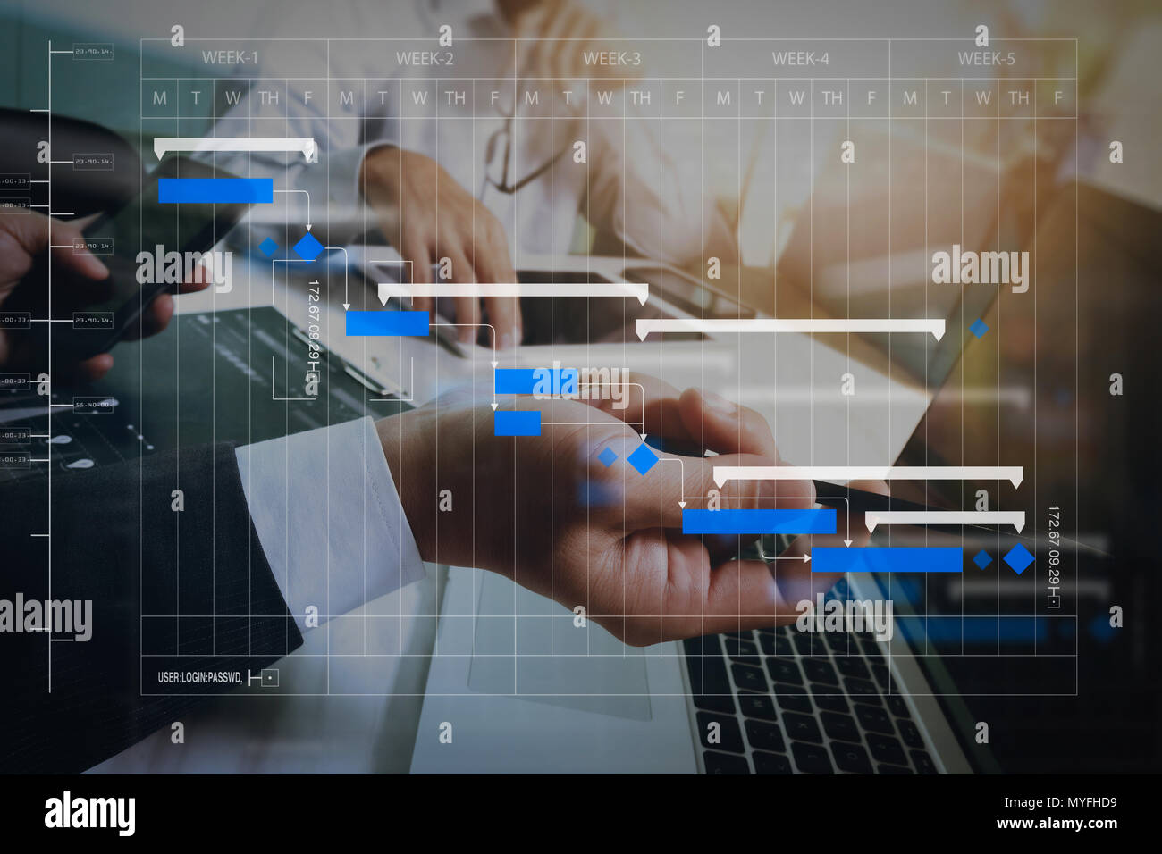 Responsabile di progetto di lavoro e le attività di aggiornamento con le tappe del progresso e della pianificazione di Gantt diagramma di pianificazione.imprenditore rendendo la presentazione con la sua Foto Stock