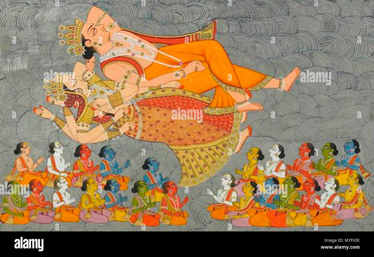 . Inglese: la creazione dell'Oceano cosmico e gli elementi (dettaglio), folio 3 dal Shiva Purana, c. 1828. (Terza dipinti). La collezione reale del Museo Mehrangarh Trust, Jodhpur. circa 1828. Anonimo 519 La creazione dell'Oceano cosmico e gli elementi (dettaglio), folio 3 dal Shiva Purana, c. 1828 Foto Stock