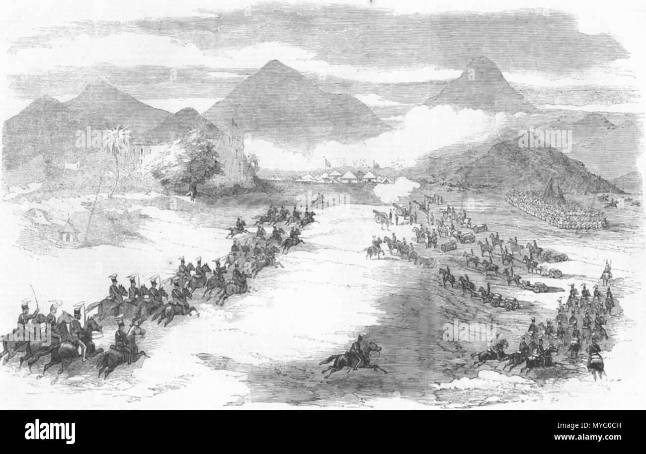 . Inglese: l ammutinamento indiano: Woodburn Generale di Brigata Mobile a bombardare l'accampamento del primo reggimento di cavalleria del contingente di Hyderabad in Aurungabad . 1857. Illustrated London News 1857 205 Woodburn Generale di Brigata Mobile Foto Stock