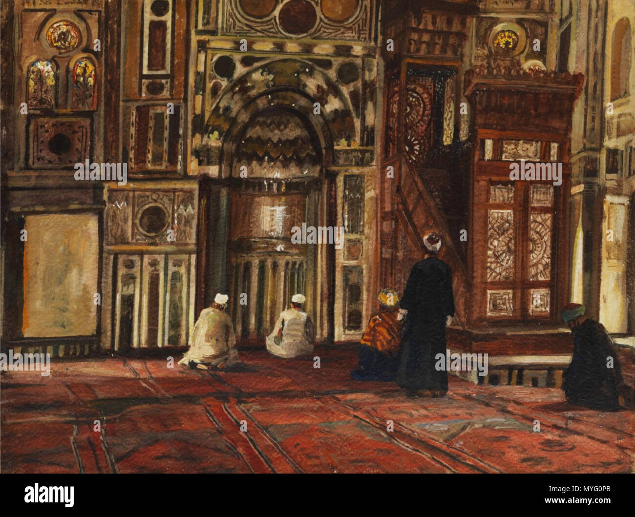 . Georg Macco: Inneres der Al-Mu'Ayyad-Moschee in Kairo, Öl auf Karton, 38,8 x 51 cm . 19th/xx secolo (1932?). Georg Macco (1863-1933) 206 Georg Macco Moschee in Kairo Foto Stock