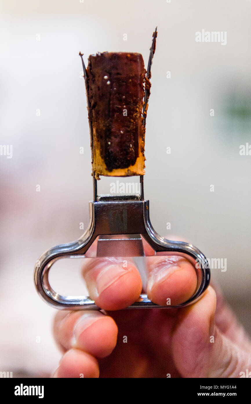 Una chiusura di un maggiordomo della vite di sughero utilizzato per la visualizzazione di un tappo da una bottiglia di vino d'annata. Foto Stock