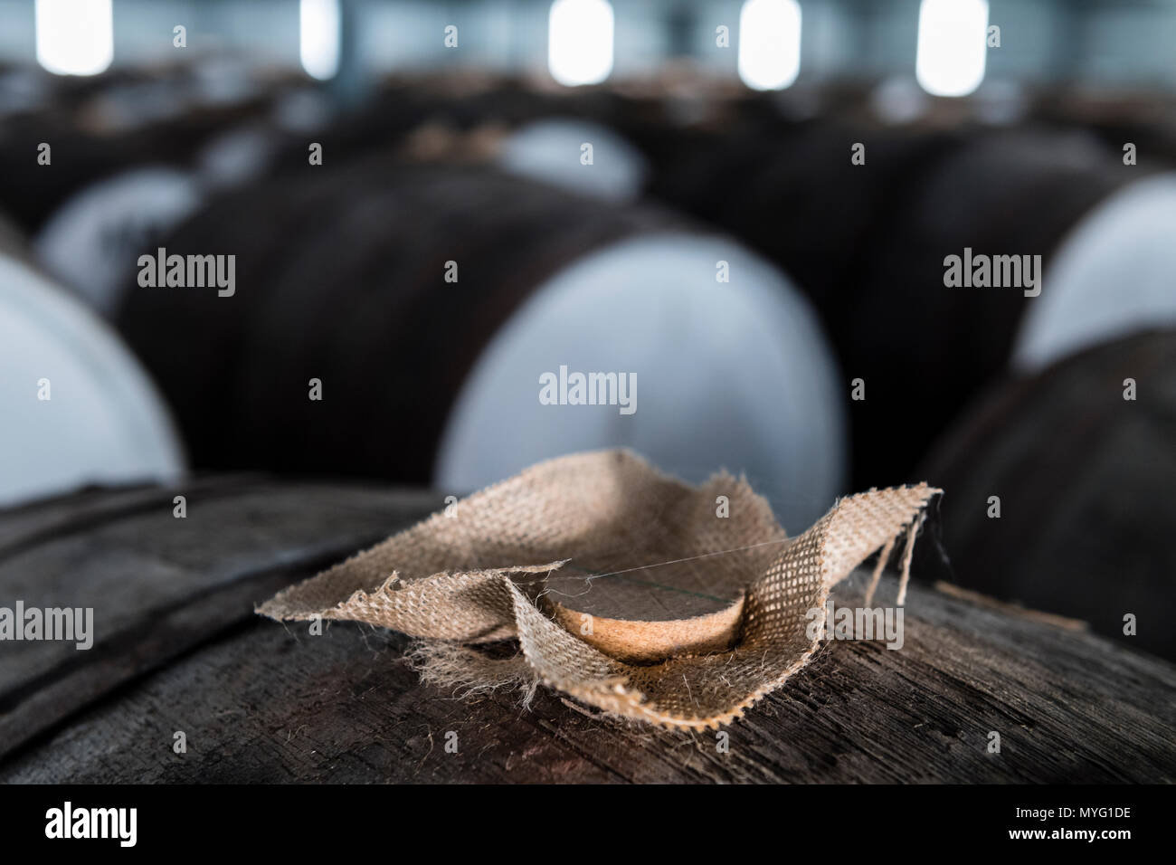 Un tappo di sughero e panno di Hesse tenuta una botte di vino in modo che esso possa maturare. Foto Stock