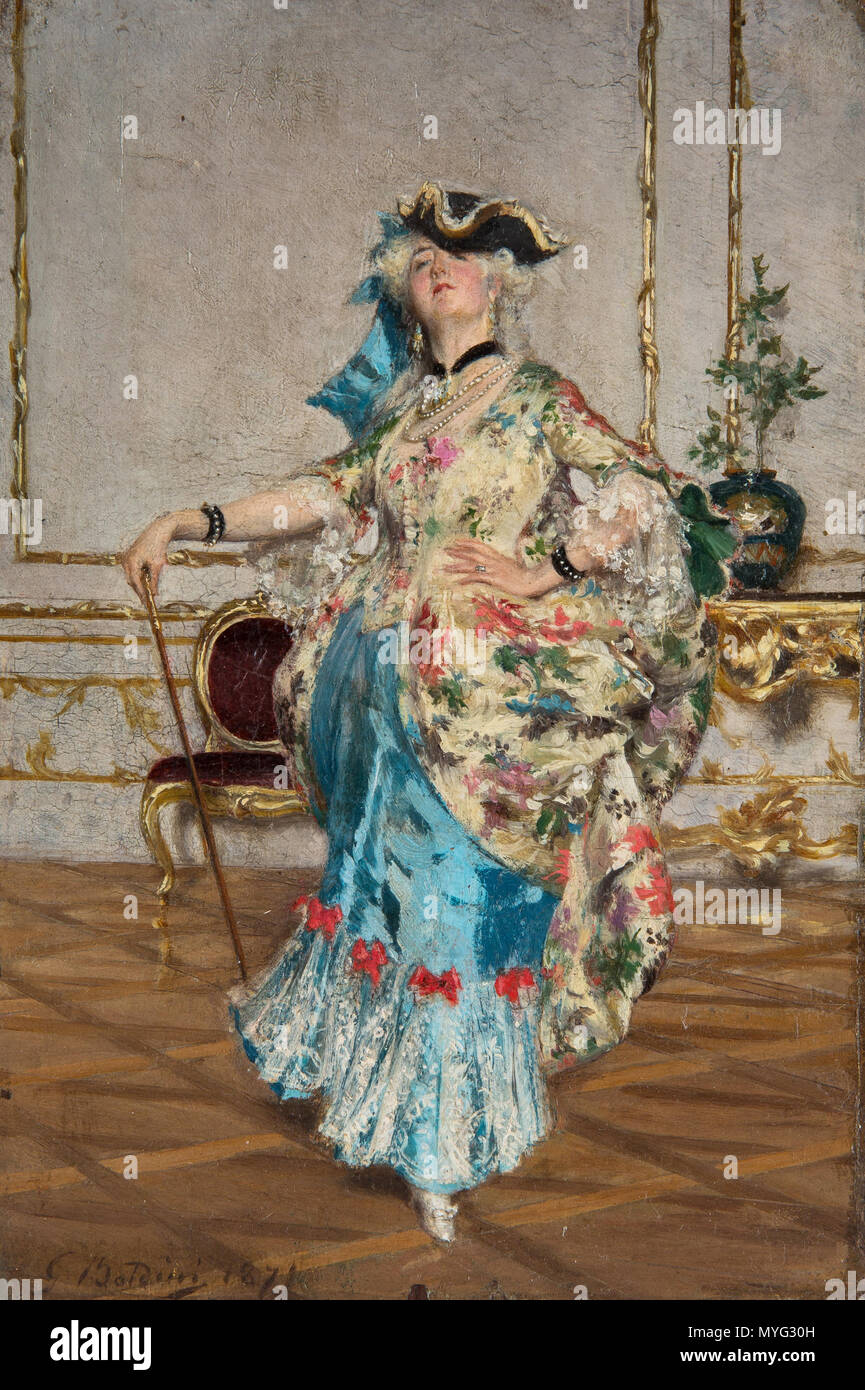 . Inglese: GIOVANNI BOLDINI (italiano) 1842-1931 una dama elegante, 1871 olio su pannello 20 x 13,5 cm (7 7/8 x 5 1/4 in.), firmato e datato in basso a destra provenienza Collezione di Angelo Roverano, Parigi-nizza, n. 296 (etichetta a tergo); acquistati direttamente dalla famiglia Roverano dall'attuale proprietario di autenticità di questo dipinto è stato confermato dal Professor Tiziano Panconi, Archivio Boldini. 1871. GIOVANNI BOLDINI 212 GIOVANNI BOLDINI - una dama elegante Foto Stock