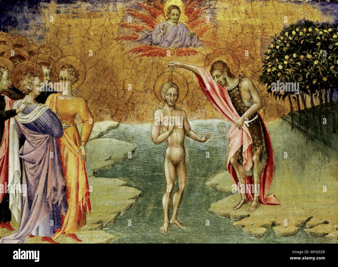 . Inglese: Giovanni di Paolo - Il battesimo di Cristo (Ashmolean Museum di Oxford, A333) c.1454, tempera e doratura su pannello; 25,7 x 35,7 cm una333 formato parte della predella di una pala dipinta c.1460 che era una volta la chiesa Silvestrine a Montepulciano. . Circa 1454 212 Giovanni di Paolo - Il battesimo di Cristo (Ashmolean Museum di Oxford, A333). Foto Stock
