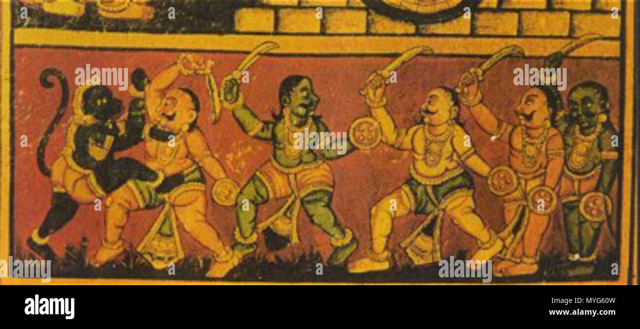 . Inglese: Hanuman combatte re Rawana Esercito del Ramayana Guerra in arte indiana, XVIII secolo Mysore pittura tradizionale . Il XVIII secolo. Sconosciuto 230 Hanuman combatte re Rawana dell'esercito Foto Stock