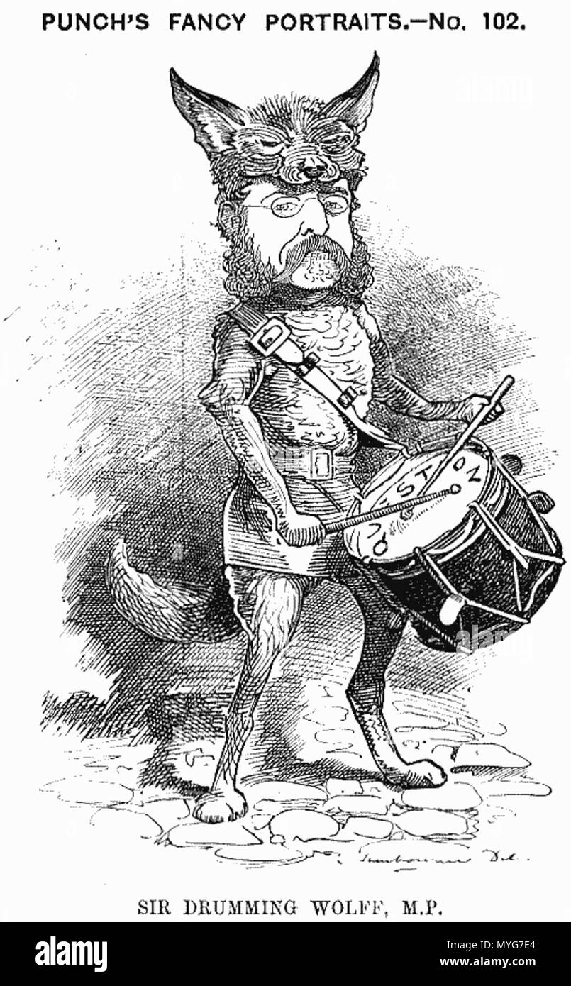 . Inglese: 'Sir Drumming Wolff, P.F.'. 1882 cartoon di Sir Henry Drummond-Wolff. Scansionata da punzone, Settembre 23, 1882, pagina 142 Artwork da Edward Linley Sambourne . 1882. Artwork da Edward Linley Sambourne 236 Henry drummond-wolff cartoon Foto Stock