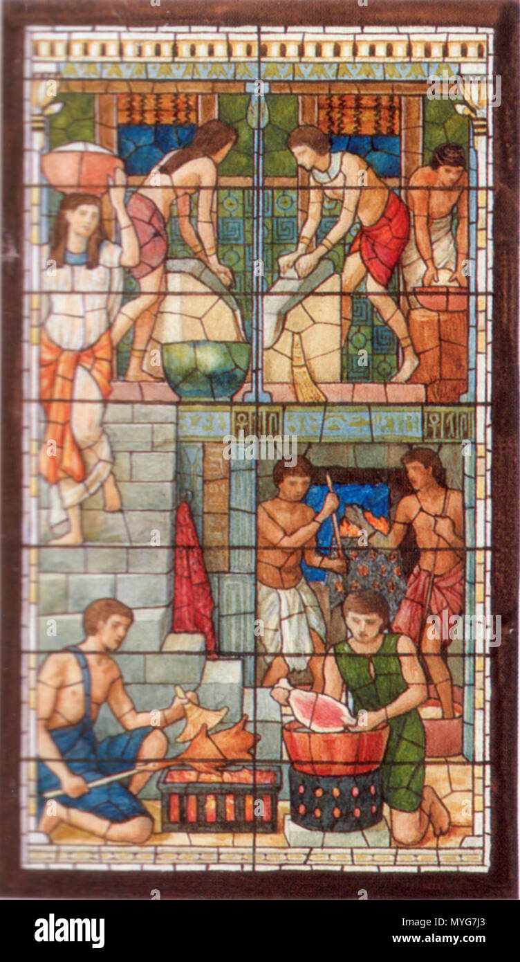 . Inglese: richiesta di cofinanziamento o di cartone animato per tre pannelli di vetrate ARTI DOMESTICHE nell Antico Egitto per la famiglia Palazzo delle Scienze dell'Università di Toronto. Il pannello di sinistra 'Preparazione alimentare", uno-pollice la scala da Henry Holiday, acquarello e tempera su grafite con opaco bianco crema su carta intessuta. Ora nel Museo Reale di Ontario. circa 1914. Henry Holiday (1839-1927) nomi alternativi Henry George Alexander vacanza; Henry James Holiday Descrizione British pittore illustratore Data di nascita e morte 17 Giugno 1839 15 aprile 1927 Luogo di nascita e morte Londra London sede di lavoro Foto Stock