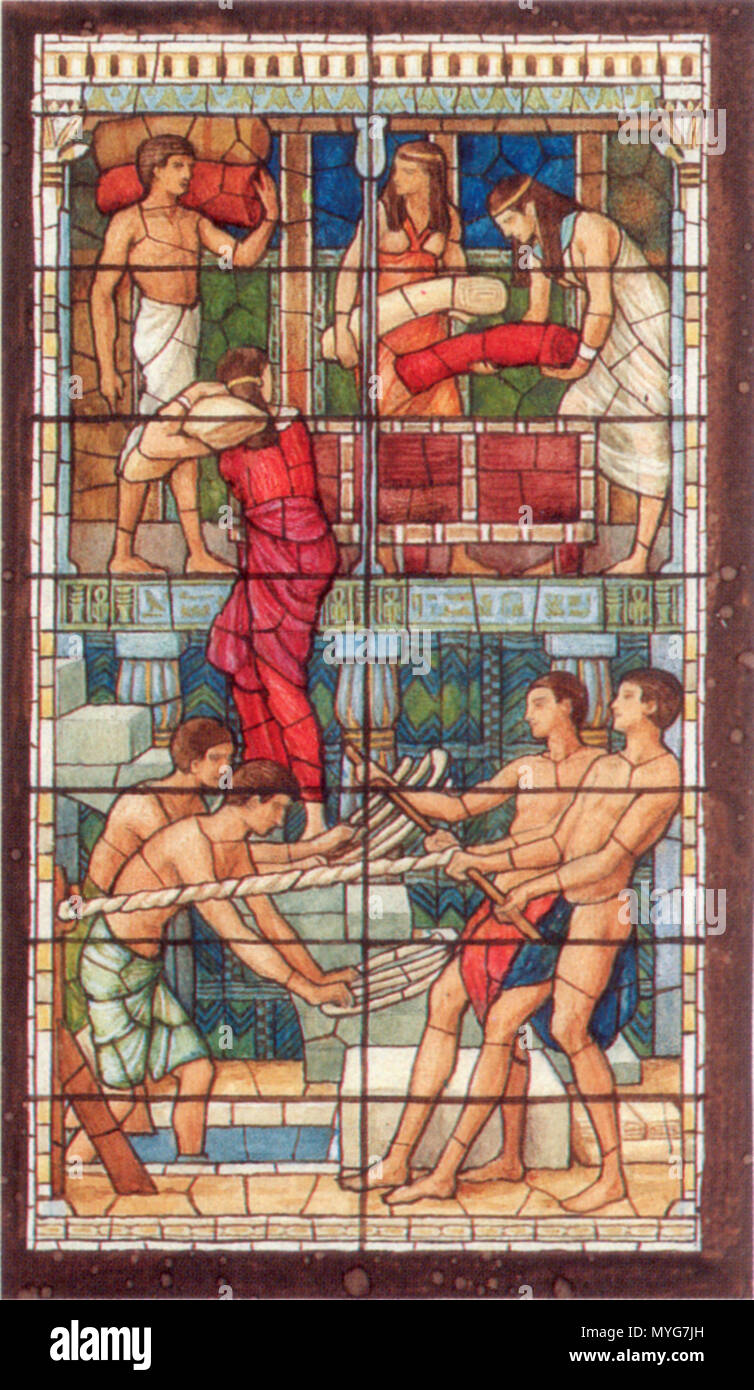 . Inglese: richiesta di cofinanziamento o di cartone animato per tre pannelli di vetrate ARTI DOMESTICHE nell Antico Egitto per la famiglia Palazzo delle Scienze dell'Università di Toronto. Pannello di destra "battere il lino e la memorizzazione di stoffa', uno-pollice la scala da Henry Holiday, acquarello e tempera su grafite con opaco bianco crema su carta intessuta. Ora nel Museo Reale di Ontario. circa 1914. Henry Holiday (1839-1927) nomi alternativi Henry George Alexander vacanza; Henry James Holiday Descrizione British pittore illustratore Data di nascita e morte 17 Giugno 1839 15 aprile 1927 Luogo di nascita e morte Londra Londo Foto Stock