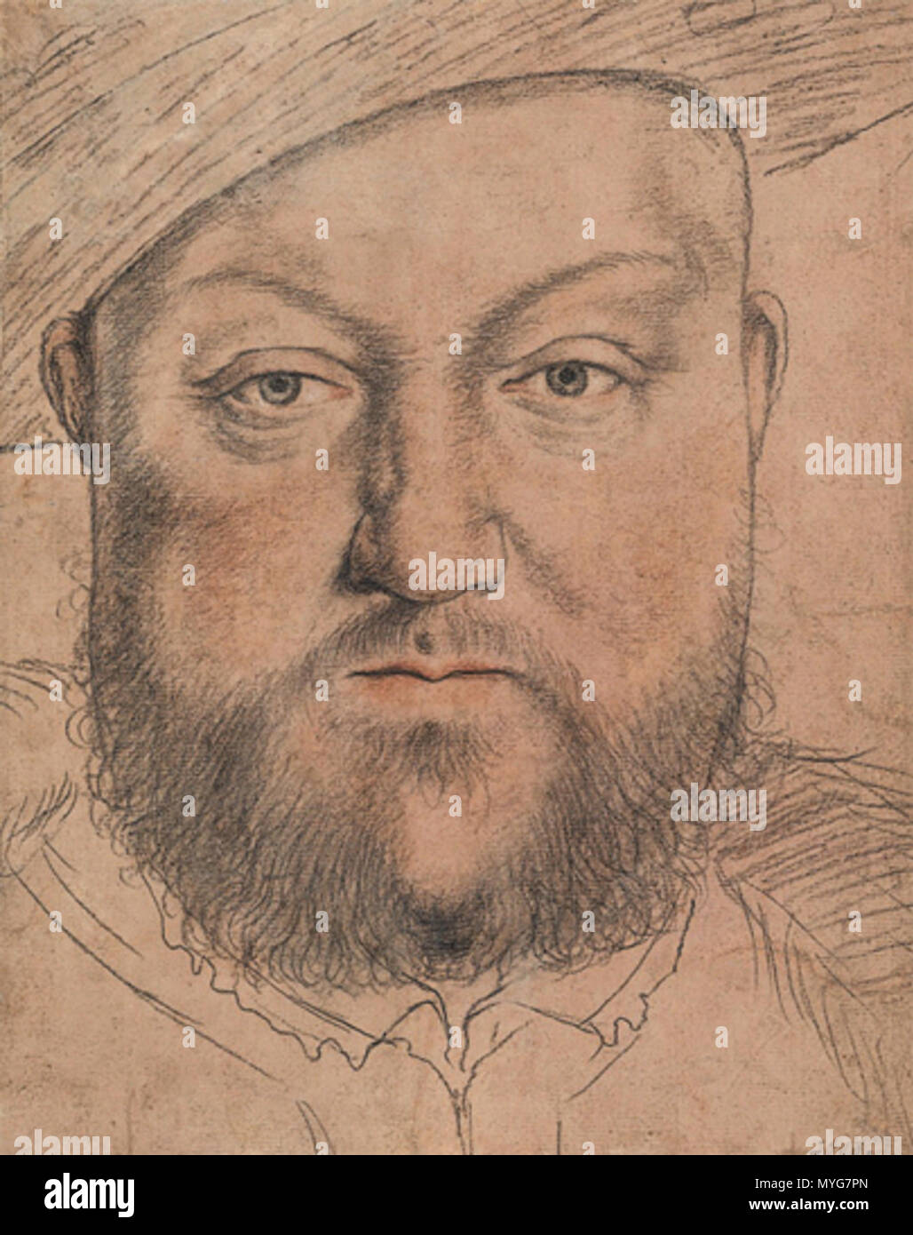 . Inglese: Ritratto di Henry VIII. Nero, rosso e bianco gesso su rosa-primed carta, 30,7 × 24,4 cm, lo stato Collezione di Grafica, Monaco di Baviera. Questo disegno assomiglia il ritratto di Enrico VIII di Holbein il cartone animato per un grande murale a Whitehall Palace, poi distrutta in un incendio, e potrebbe essere stato copiato dal murale. La faccia del re è trascinato più frontalmente rispetto al cartone animato, ma Holbein effettuata questa regolazione se stesso per il murale, come è mostrato da copie. Il full-length copia di Holbein il Henry VIII in la Walker Art Gallery, per esempio, mostra la stessa vista frontale della faccia come nella presente Foto Stock