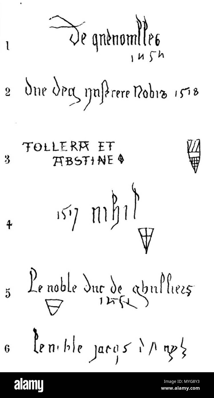 . Français : Histoire du donjon de Loches, par Edmond Gautier Planche 11, iscrizioni des souterrains . 22 Luglio 2013 21:06:52. Edmond Gautier 242 Histoire-mastio-loches-planche11 Foto Stock