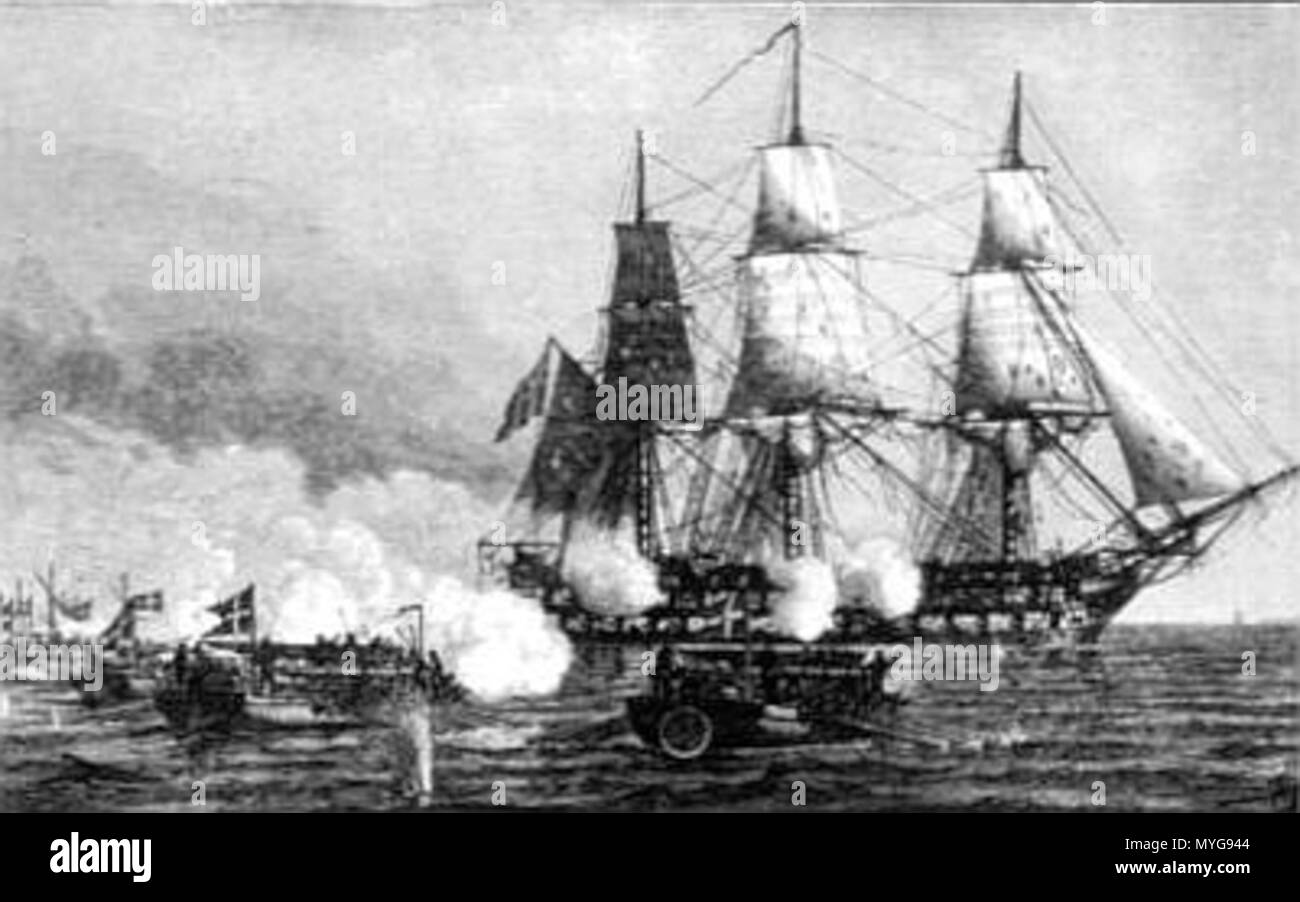 . Inglese: gunboats danese di attaccare la nave britannica della linea HMS in Africa Drogden (tra Saltholm e Amager), 1808 . Xix secolo. Sconosciuto 243 HMS Africa 1808 Falsterbo Foto Stock