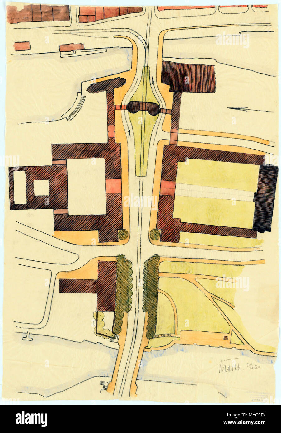 . Deutsch: Erwin Barth (1880-1933), Straßenzug zwischen Holsten- und Puppenbrücke, Lubecca: Freiraumentwurf für den Stadtraum zwischen Holsten- und Puppenbrücke Grundriss im 1:500, Maßstabsleiste. Bleistift aquarelliert auf trasparente, 78,80 x 54,50 cm (inkl. Scanrand). Architekturmuseum der Technischen Universität Berlin Inv. No. 41218. 1930. Erwin Barth (1880-1933) Descrizione tedesco giardino designer Data di nascita e morte 1880 1933 Luogo di nascita e morte di Lubecca Berlino posizione di lavoro il Palazzo di Charlottenburg; Lübeck competente controllo : Q100653 VIAF: 52786280 ISNI: 0000 0000 8382 8663 UL Foto Stock