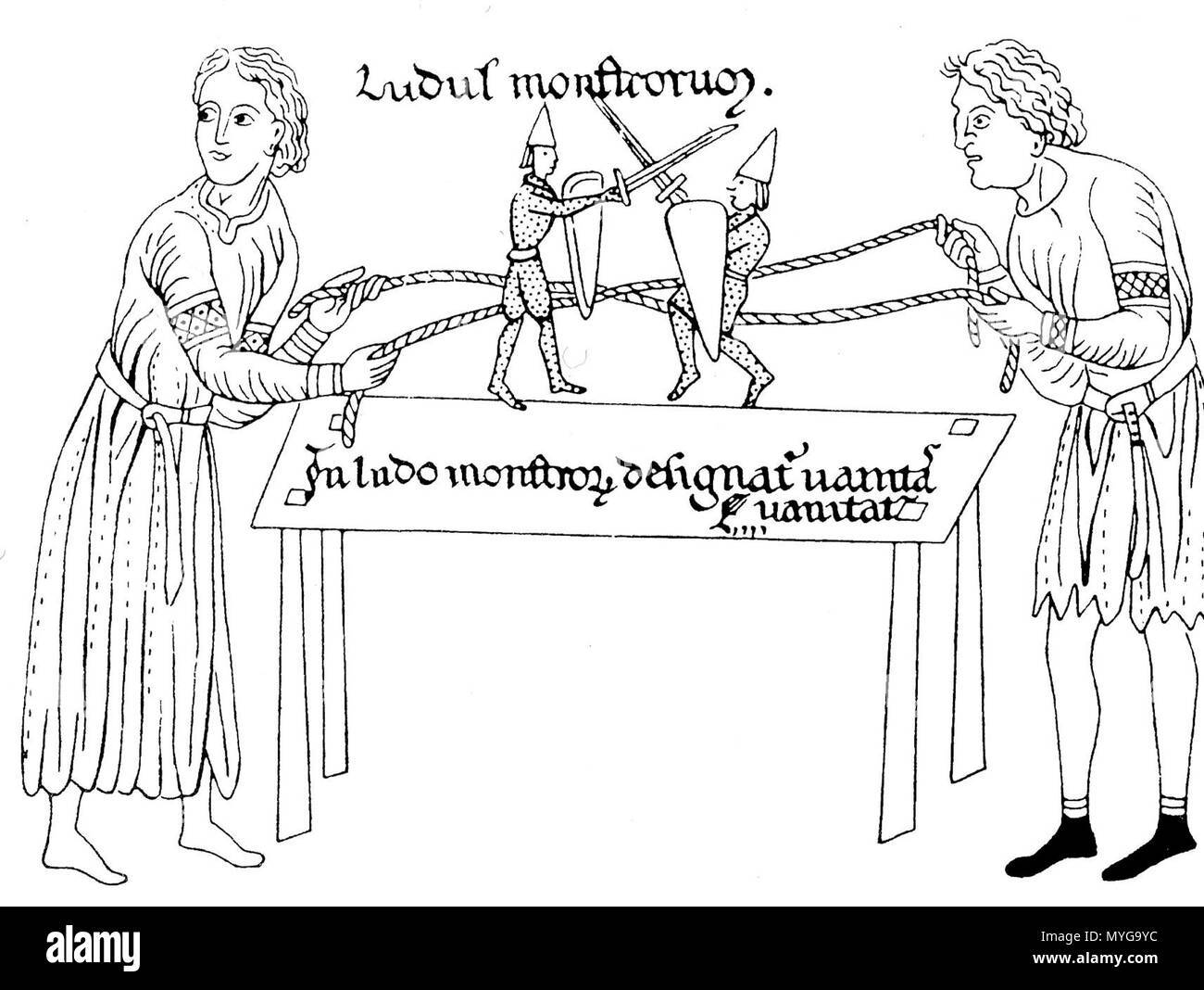 . Inglese: primitiva burattini in una miniatura di Hortus deliciarum . Español: La presencia de muñecos movidos con cuerdas en algunos primitivos grabados europeos sugiere posibilidad cierta de transición entre las máscaras de las farsas atelanas de los romanos y la marioneta medievale. El titiritero erudito cubano Freddy Artiles menciona como uno de los más antiguos, Onu grabado del siglo XII del Códice Hortus Deliciarum del abate Herrad de Landsberg, en el que aparecen dos jóvenes jugando con marionetas de hilos simulando guerreros que pelean sobre una mesa en n.a. justa imaginaria (n.a. puesta e Foto Stock