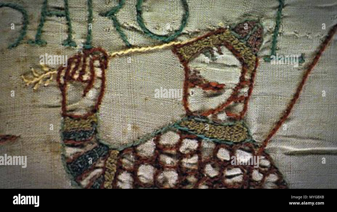 . Inglese: dettaglio da arazzo di Bayeux scena 57. Freccia in Re Harold's eye. 1070s o nei dintorni. Seemsters sconosciuto 230 Harold freccia, Arazzo di Bayeux dettaglio Foto Stock