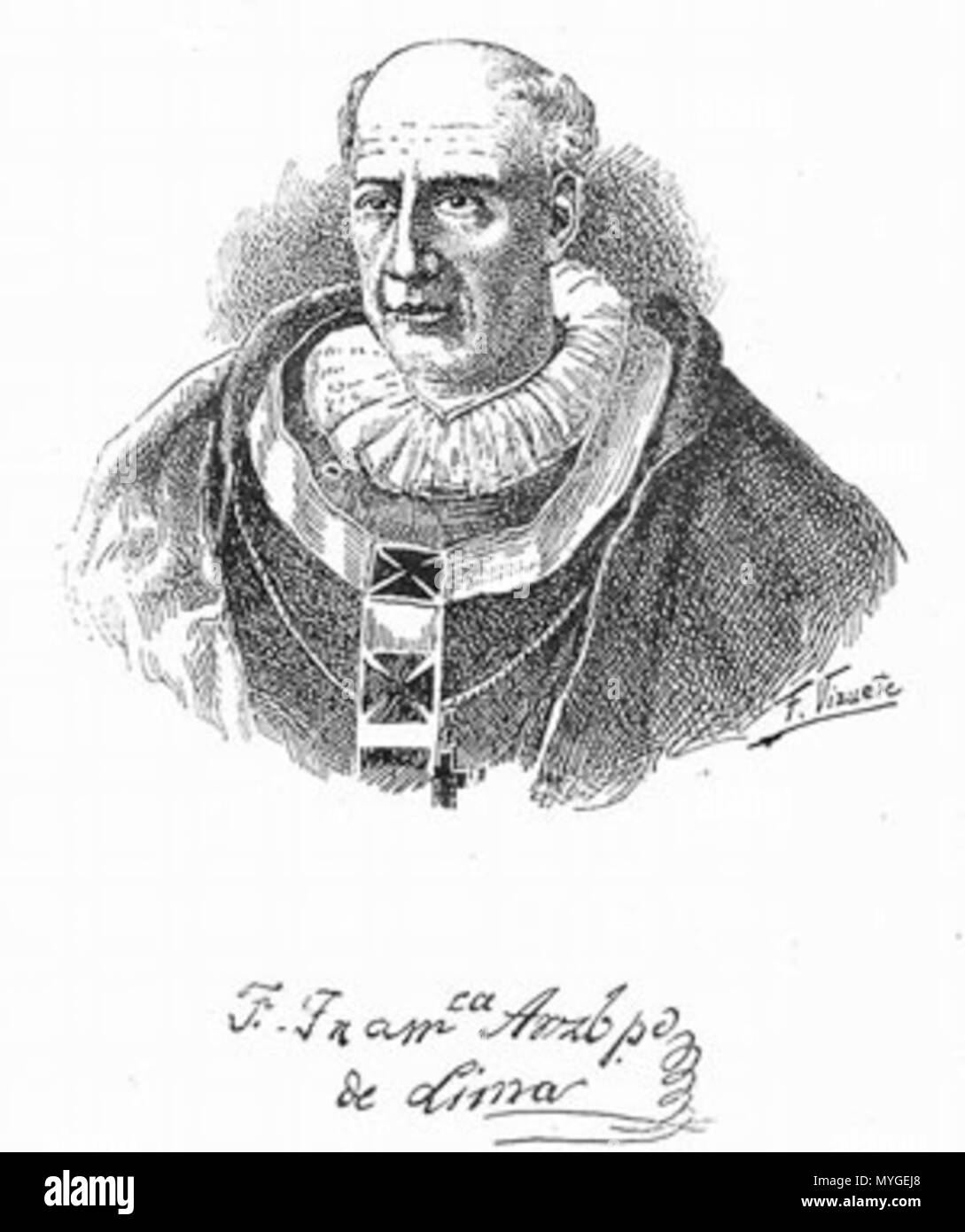 . Español: Francisco de Sales Arrieta (Lima, 1768 - 1843) religioso peruano de la Orden de San Francisco, que llegó a ser Arzobispo de Lima de 1841 a 1843. 1896. Reproducción de Grabado onu de autor anónimo 186 Francisco de Sales Arrieta Foto Stock